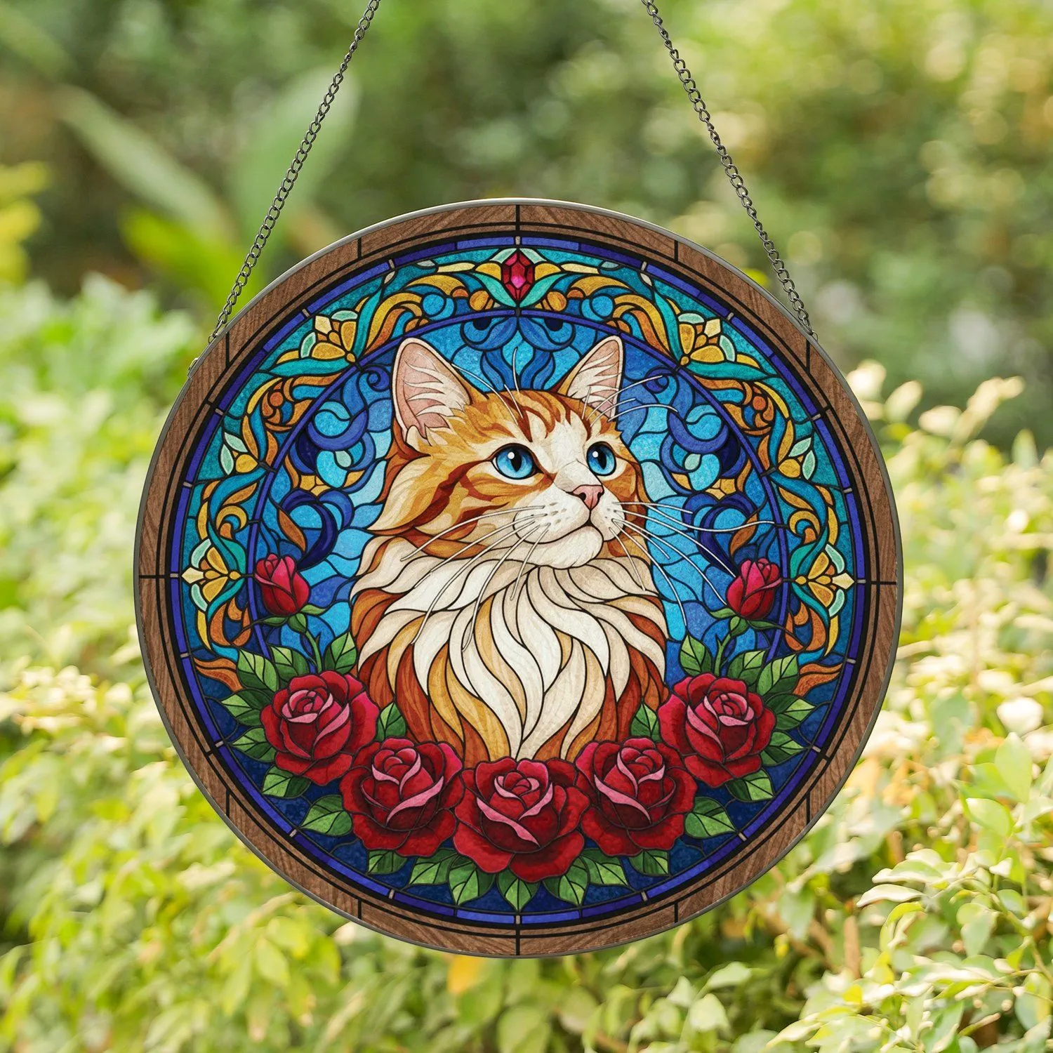 Ginger Cat Red Roses Wood Frame - Home Decor Gift for Cat Lover Stained Glass Suncatcher - 1