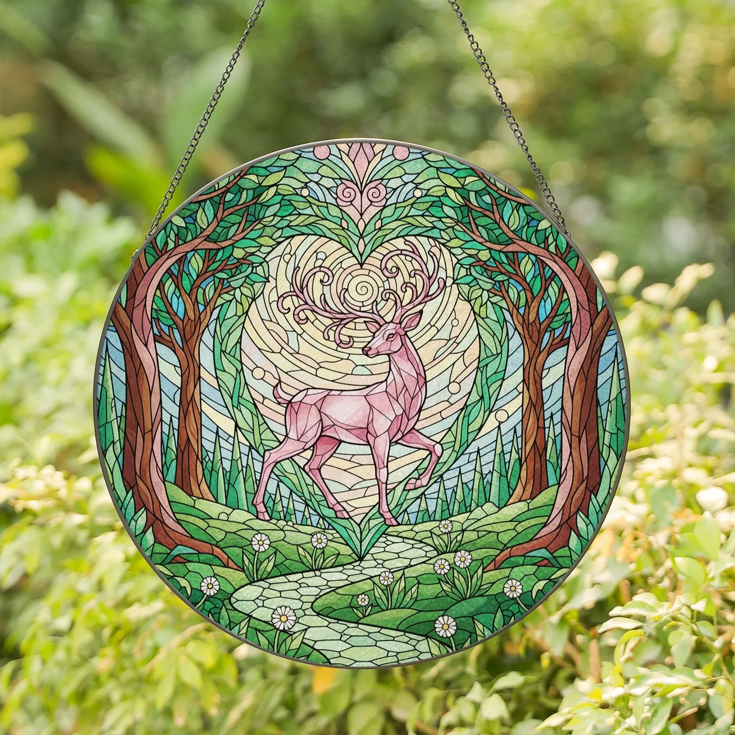 Pink Crystalline Deer Enchanted Forest Heart - Home Decor Gift for Wildlife Lover Stained Glass Suncatcher - 1