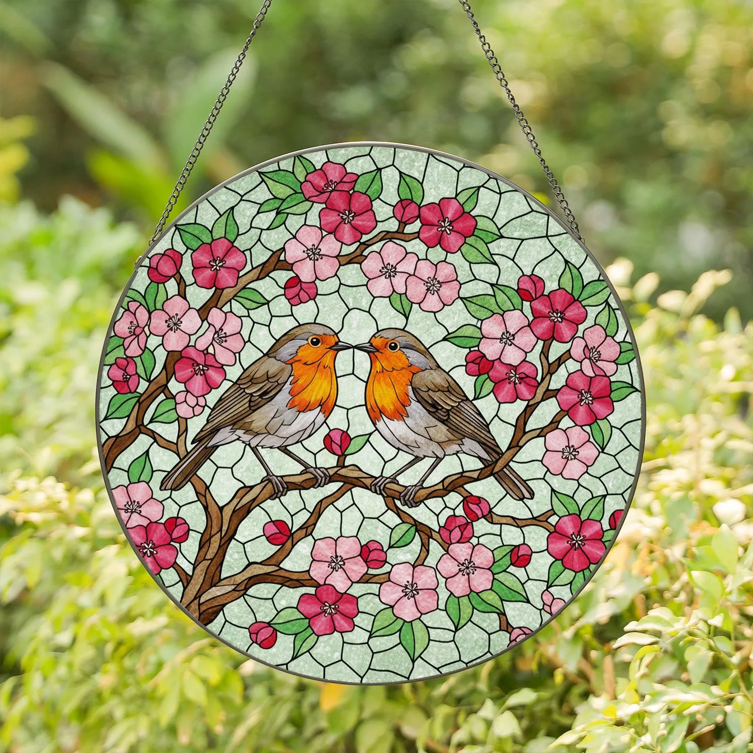 European Robins Tree Branch Pink Flowers Green Leaves - Home Decor Gift for Bird Lover Stained Glass Suncatcher - 1