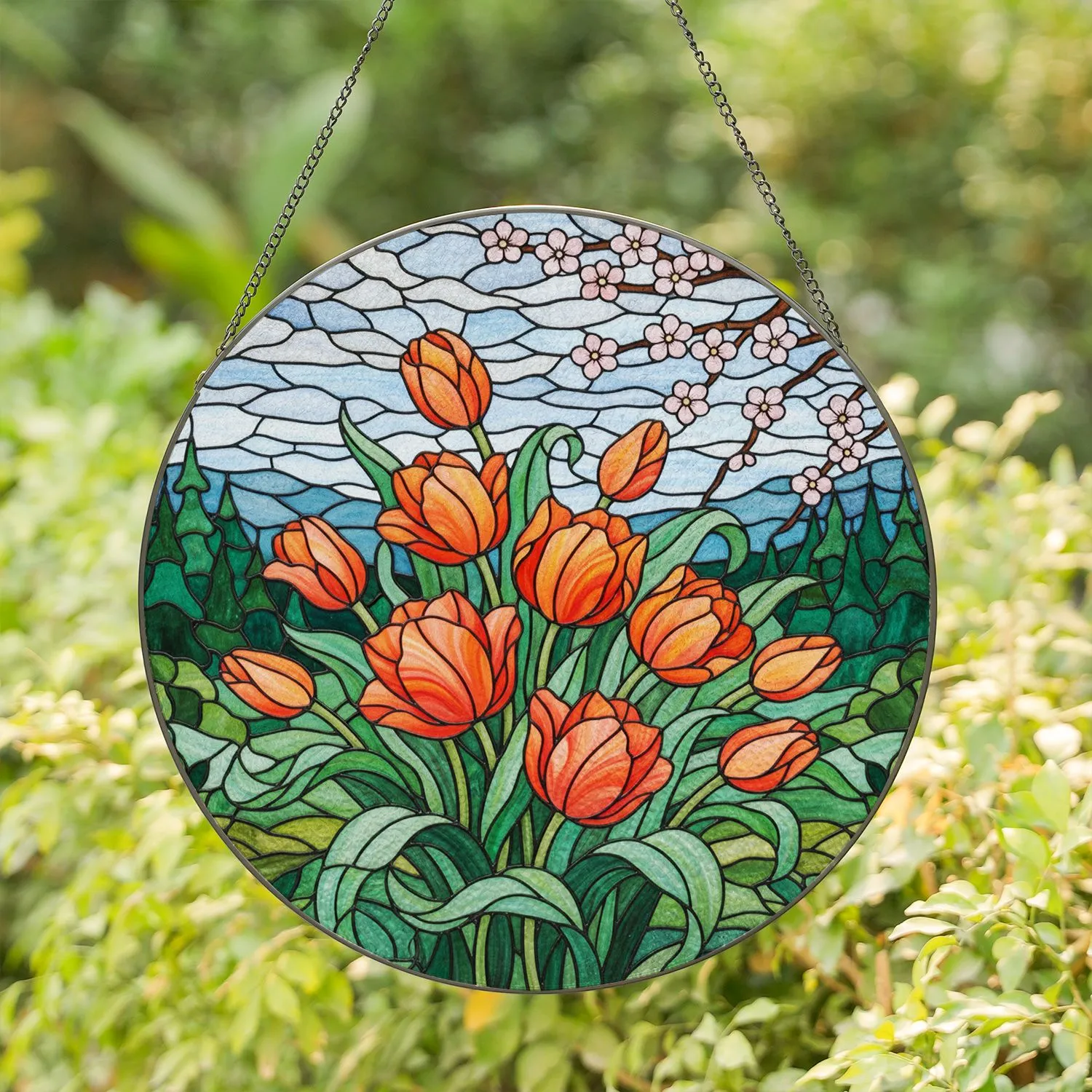 Blossoming Orange Coral Tulips Green Leaves Rolling Hills Sky - Home Decor Gift Stained Glass Suncatcher - 1