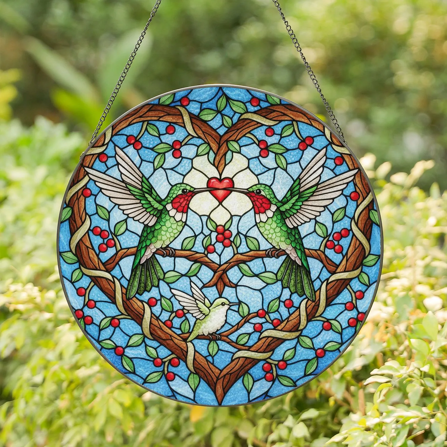 Two Hummingbirds Red Heart Branch Frame Berries Leaves - Home Decor Bird Lover Gift Stained Glass Suncatcher - 1
