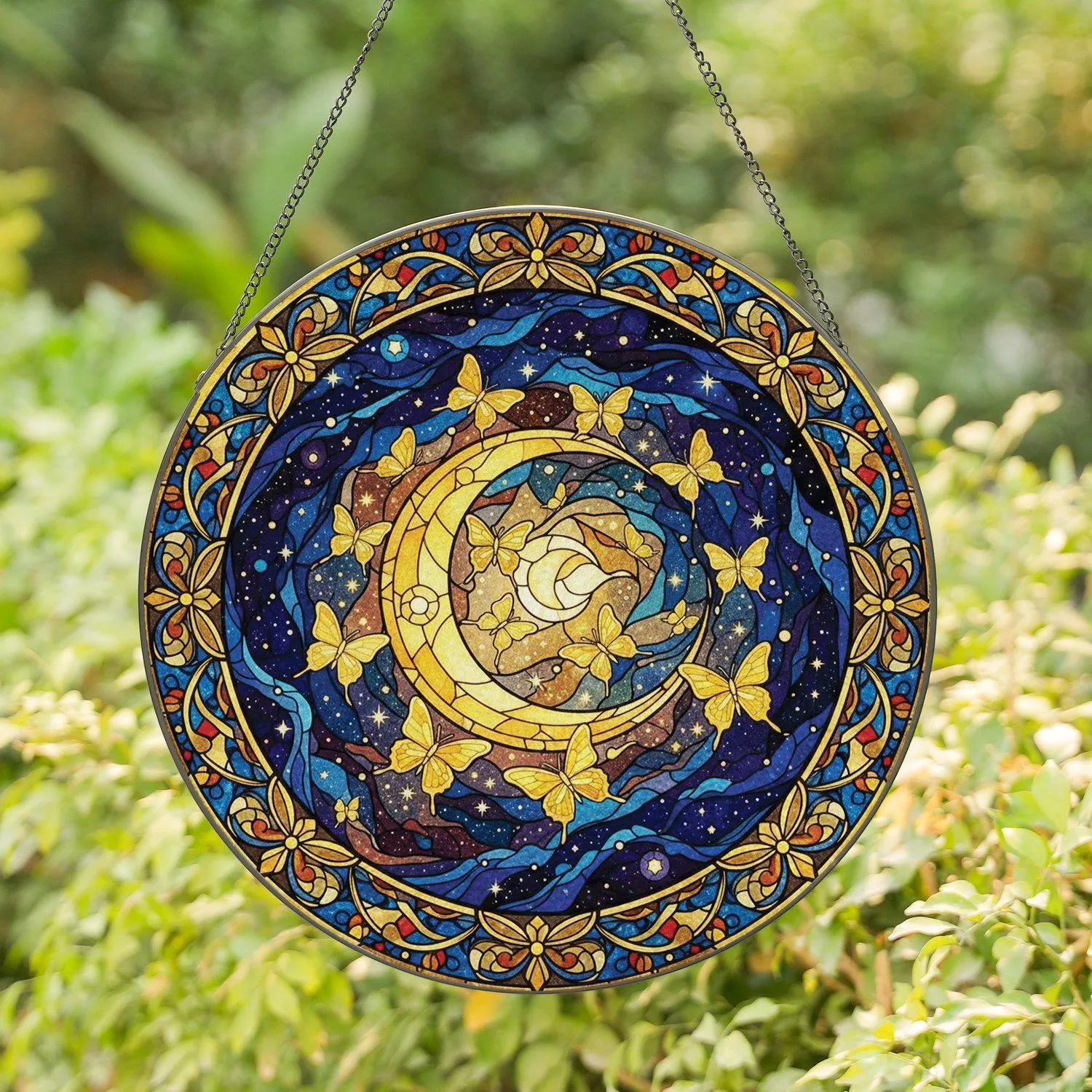 Glowing Golden Crescent Moon Butterflies Floral Vines Cosmic Sky Home Decor Gift Stained Glass Suncatcher - 1