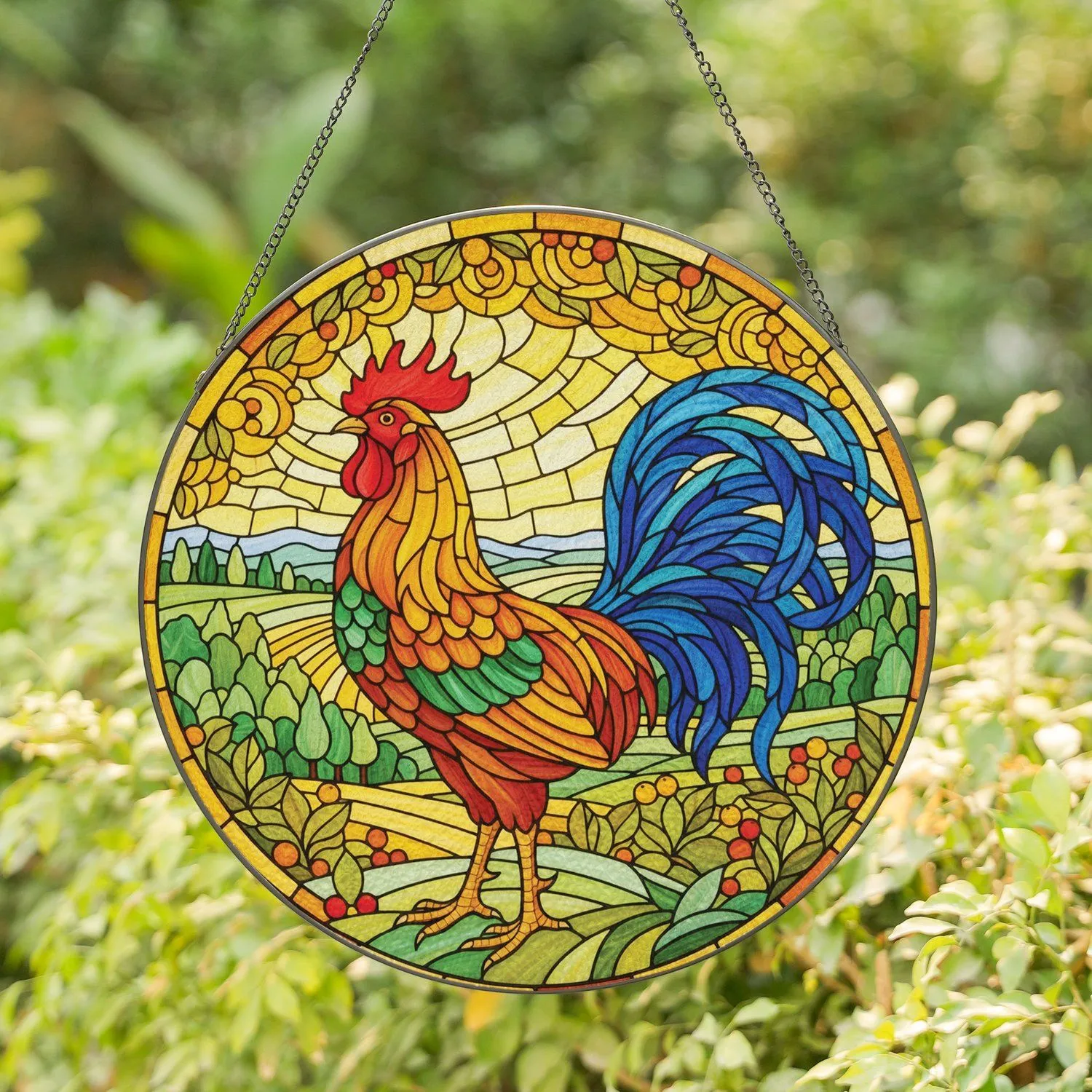 Vibrant Rooster Countryside Mosaic Landscape - Farmhouse Decor Bird Lover Gift Stained Glass Suncatcher - 1