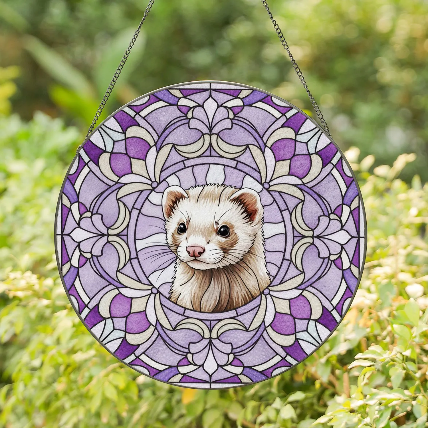 Ferret Stained Glass Floral Medallion Mosaic - Home Decor Gift for Ferret Lover Stained Glass Suncatcher - 1