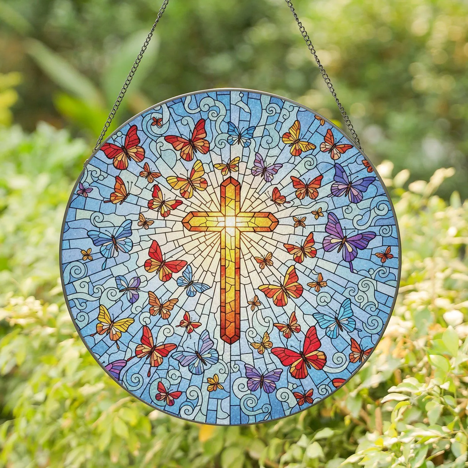Glowing Mosaic Cross Butterfly Swarm Blue Sky - Spiritual Home Decor Gift Stained Glass Suncatcher - 1