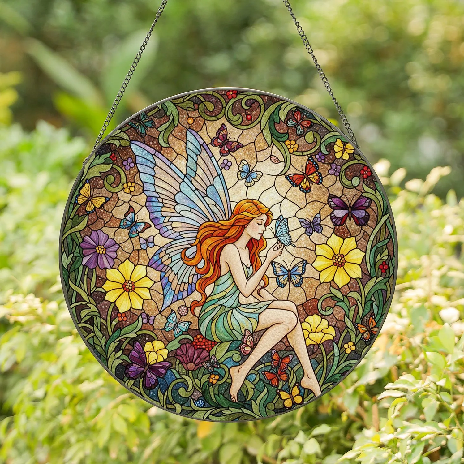 Graceful Fairy Holding Butterfly Flowers Botanical Jewel Tone - Home Decor Gift for Nature Lover Stained Glass Suncatcher - 1
