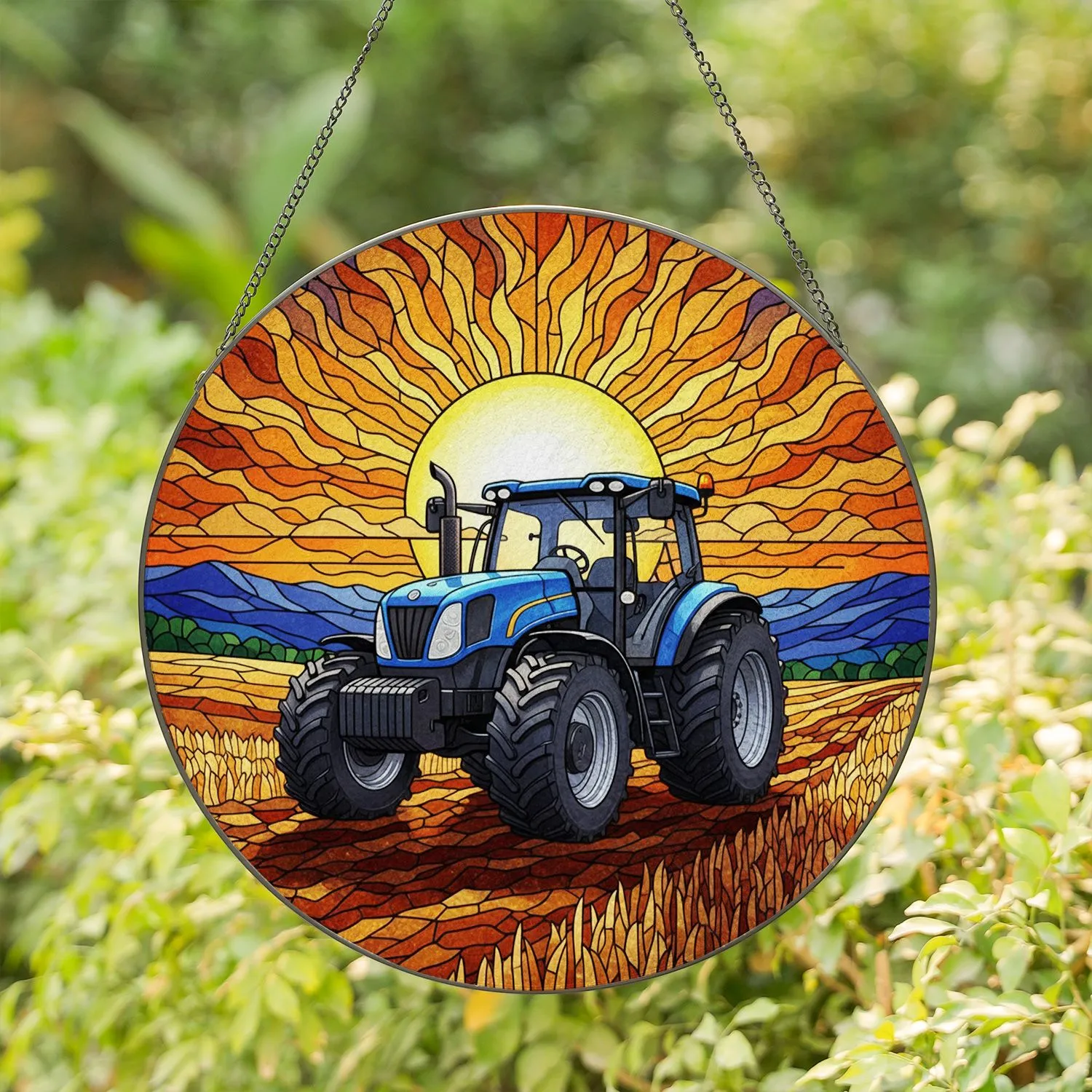 Farm Tractor Cultivated Field Sunset - Farmhouse Decor Gift for Tractor Lover Stained Glass Suncatcher - 1