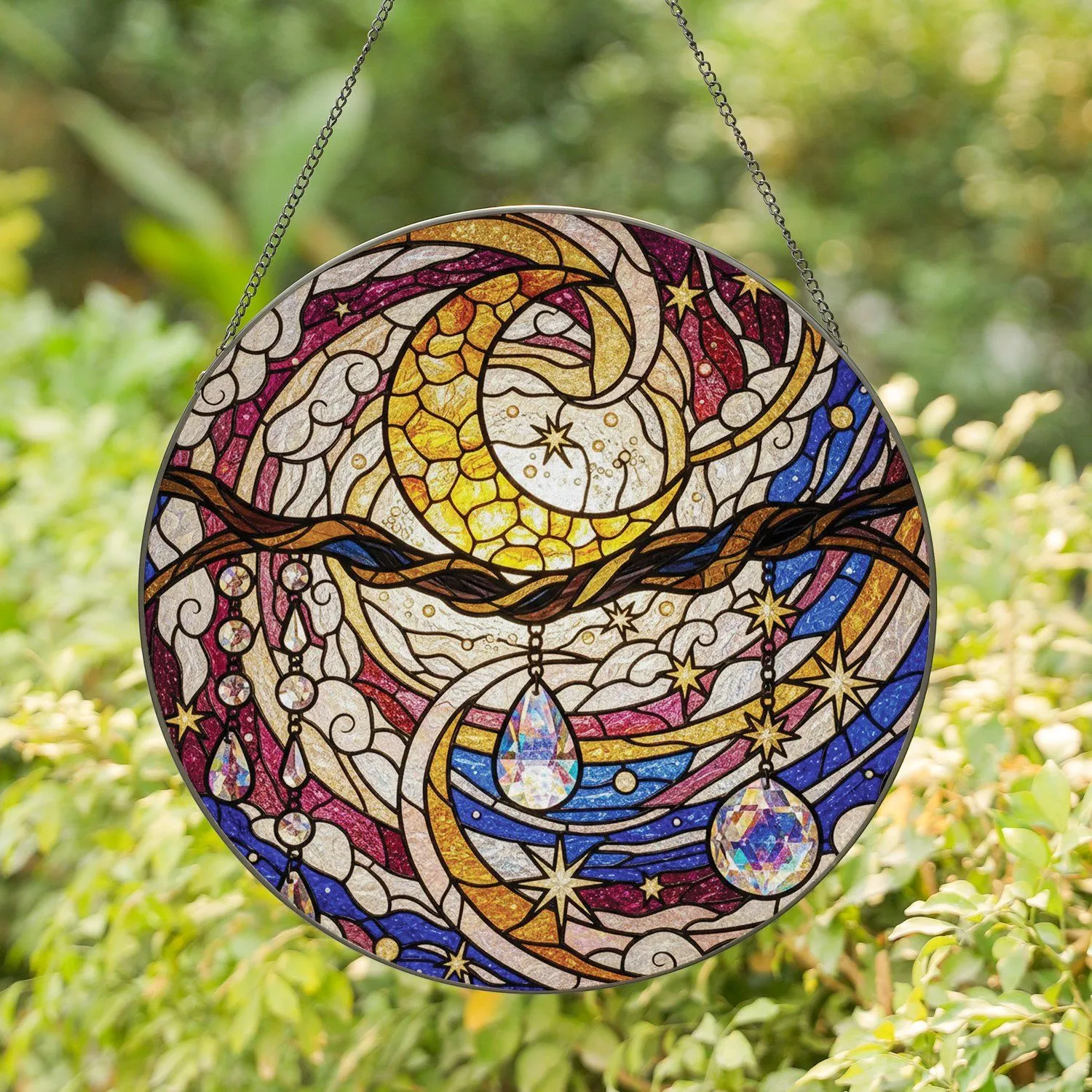 Golden Moon Gnarled Branch Crystal Stars - Cosmic Home Decor Gift Stained Glass Suncatcher - 1
