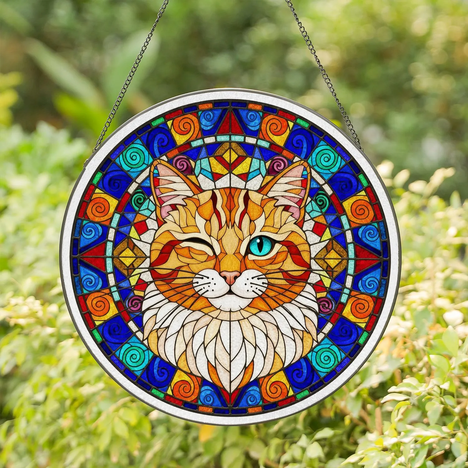 Ginger Cat Head Winking Stained Glass - Circular Mosaic Border Home Decor Gift Stained Glass Suncatcher - 1