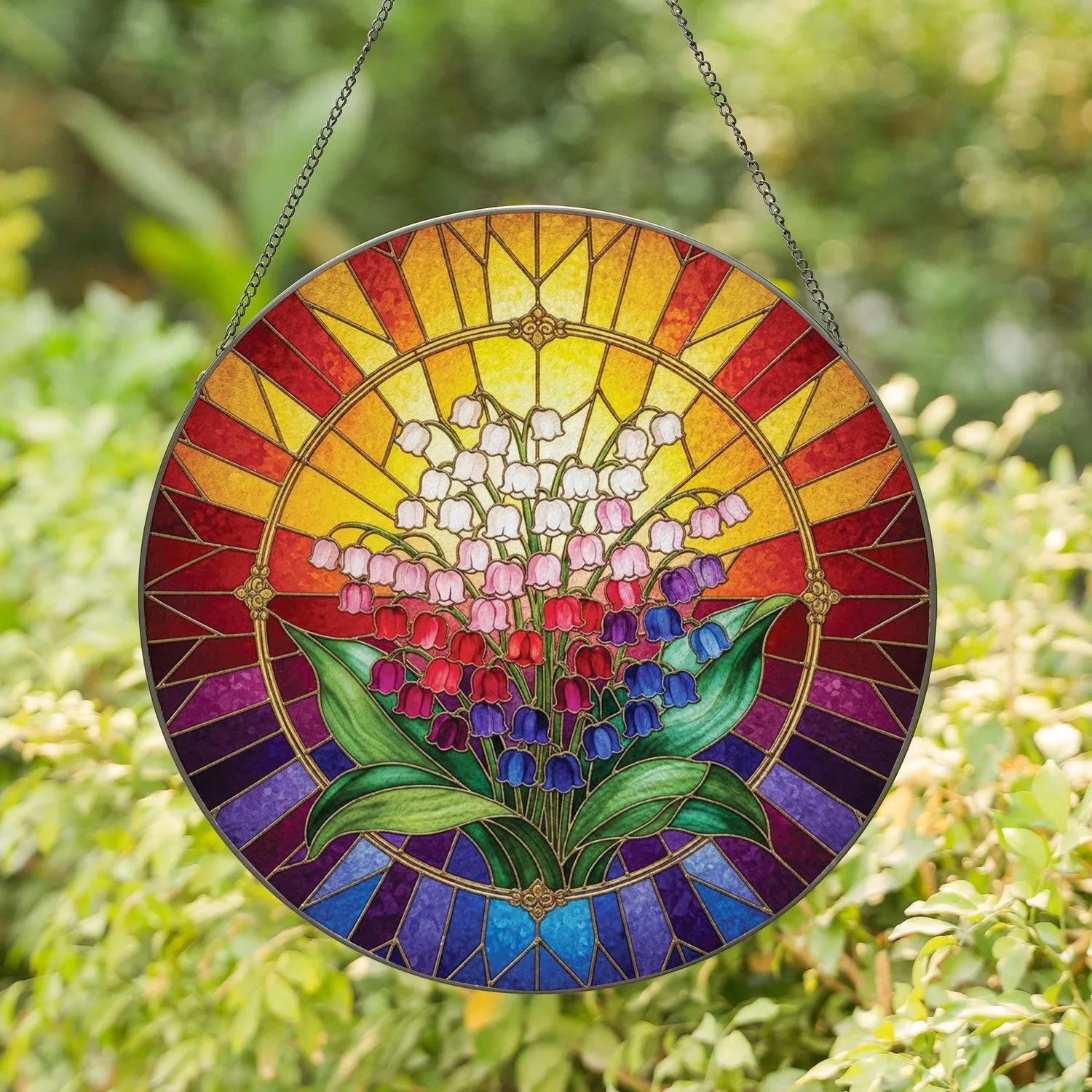 Lily of the Valley Bouquet Bell Florets Stained Glass Sunburst Mosaic - Home Decor Gift Stained Glass Suncatcher - 1
