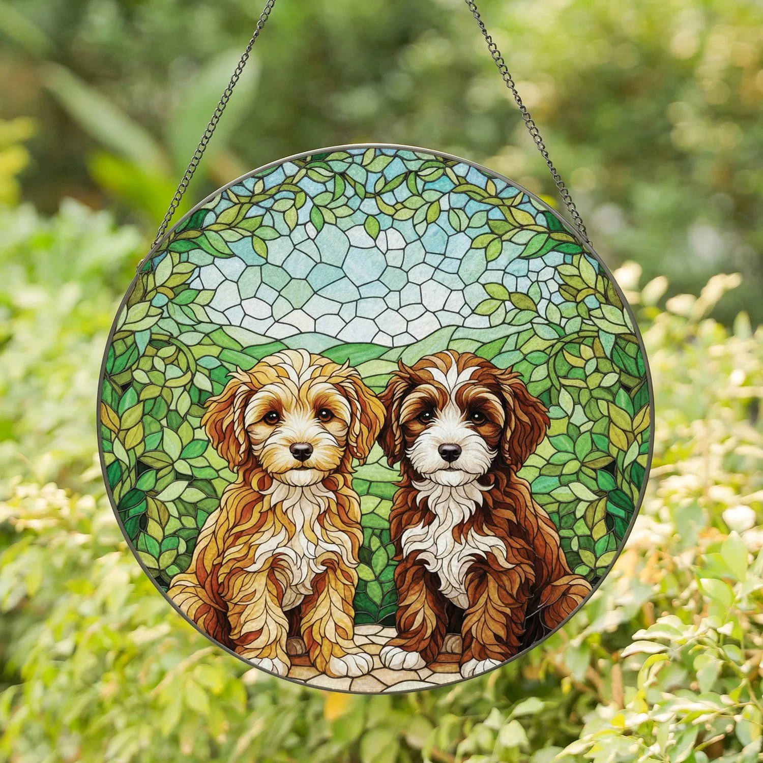Tiffany Glass Poodle Puppies Mosaic Foliage Home Decor Gift for Dog Lover Stained Glass Suncatcher - 1