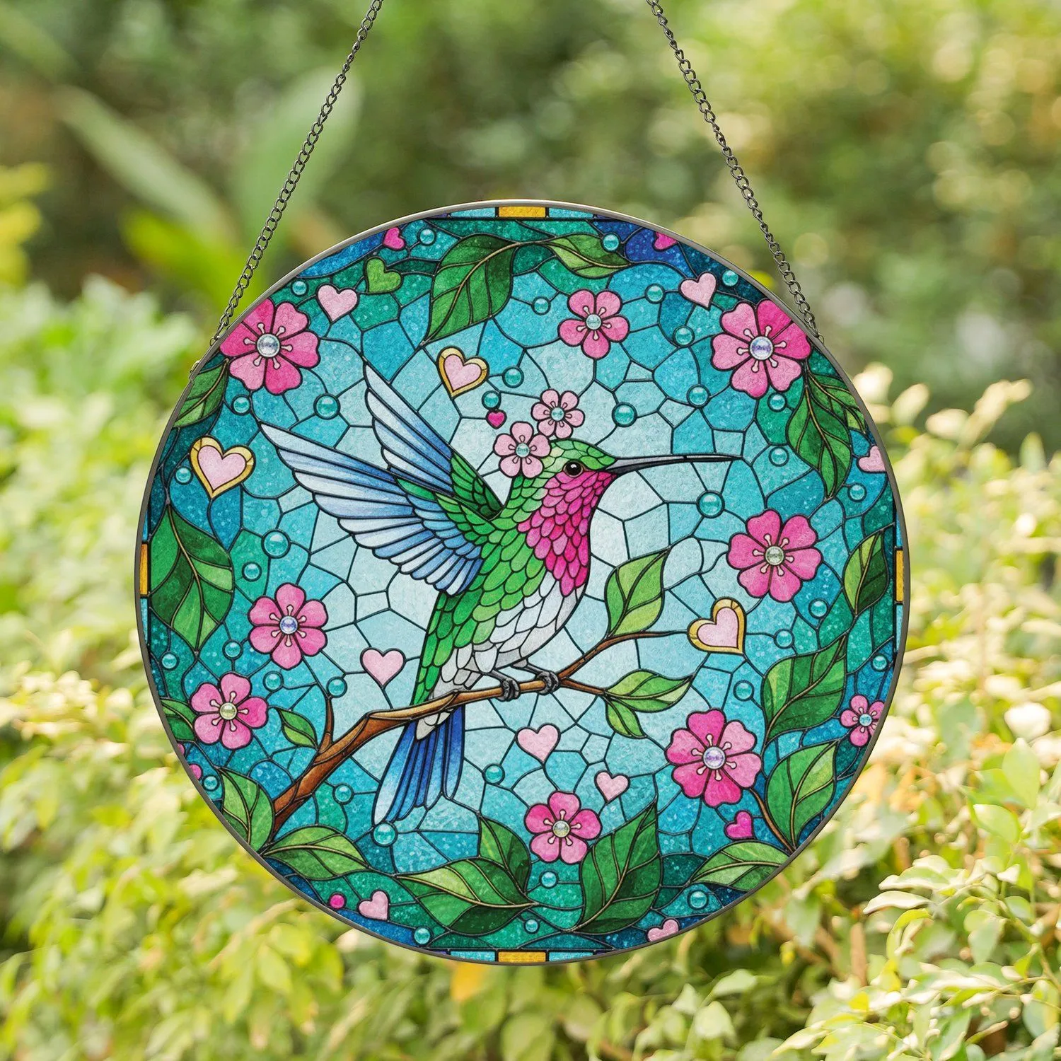 Hummingbird Pink Blossoms Golden Hearts Mosaic Border - Wildlife Lover Home Decor Gift Stained Glass Suncatcher - 1