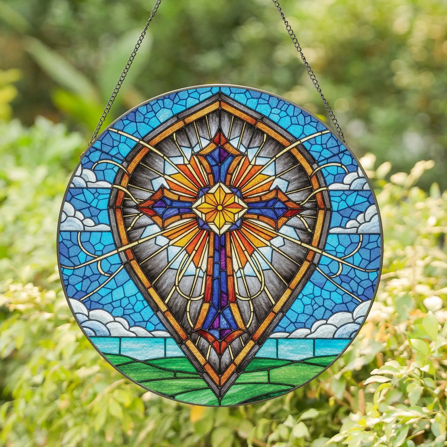 Cross Starburst Heart Border Frame Sky Clouds Hills Landscape Home Decor Gift Stained Glass Suncatcher - 1