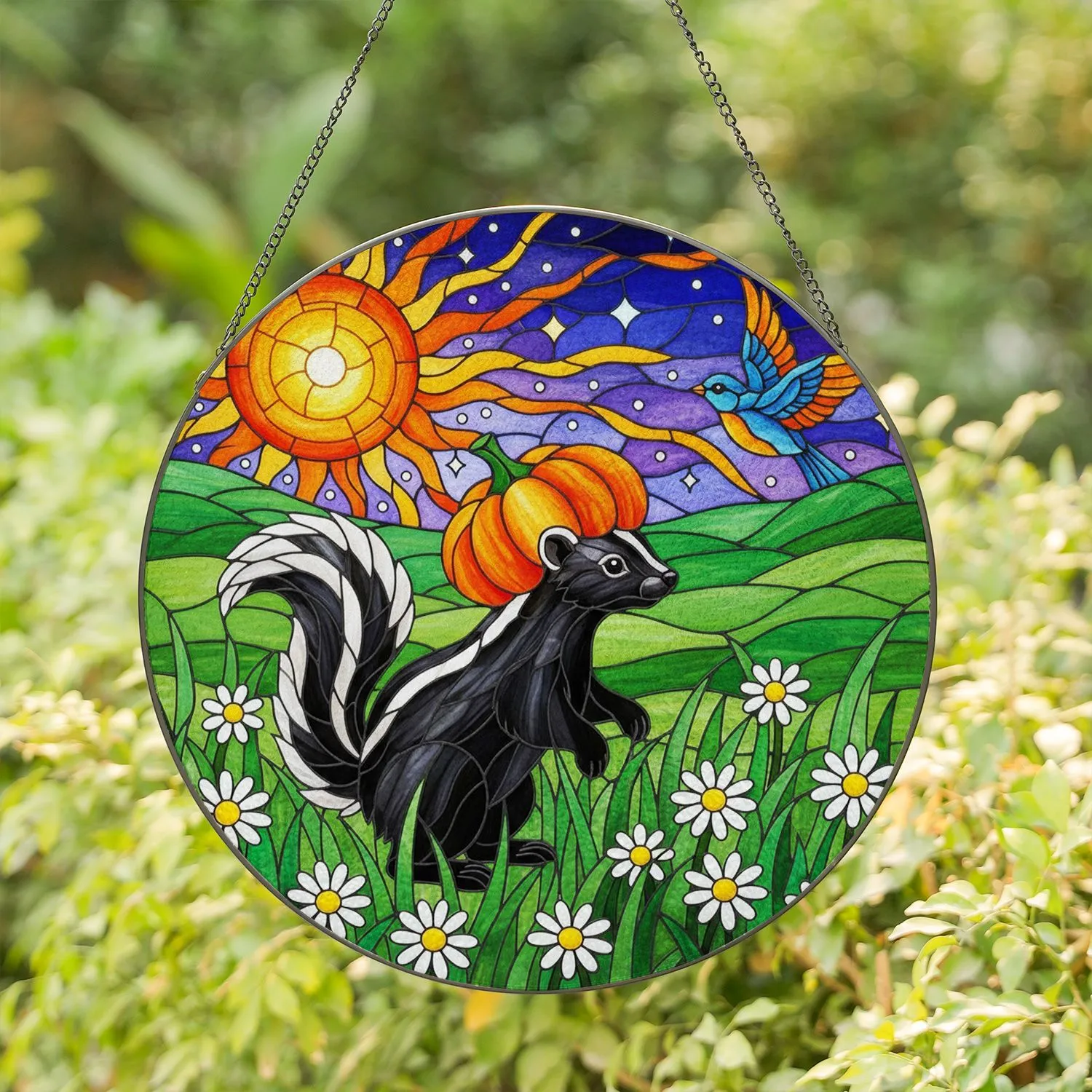 Skunk Orange Pumpkin Hat Blue Bird Daisies - Everyday Home Decor Gift for Wildlife Lover Stained Glass Suncatcher - 1