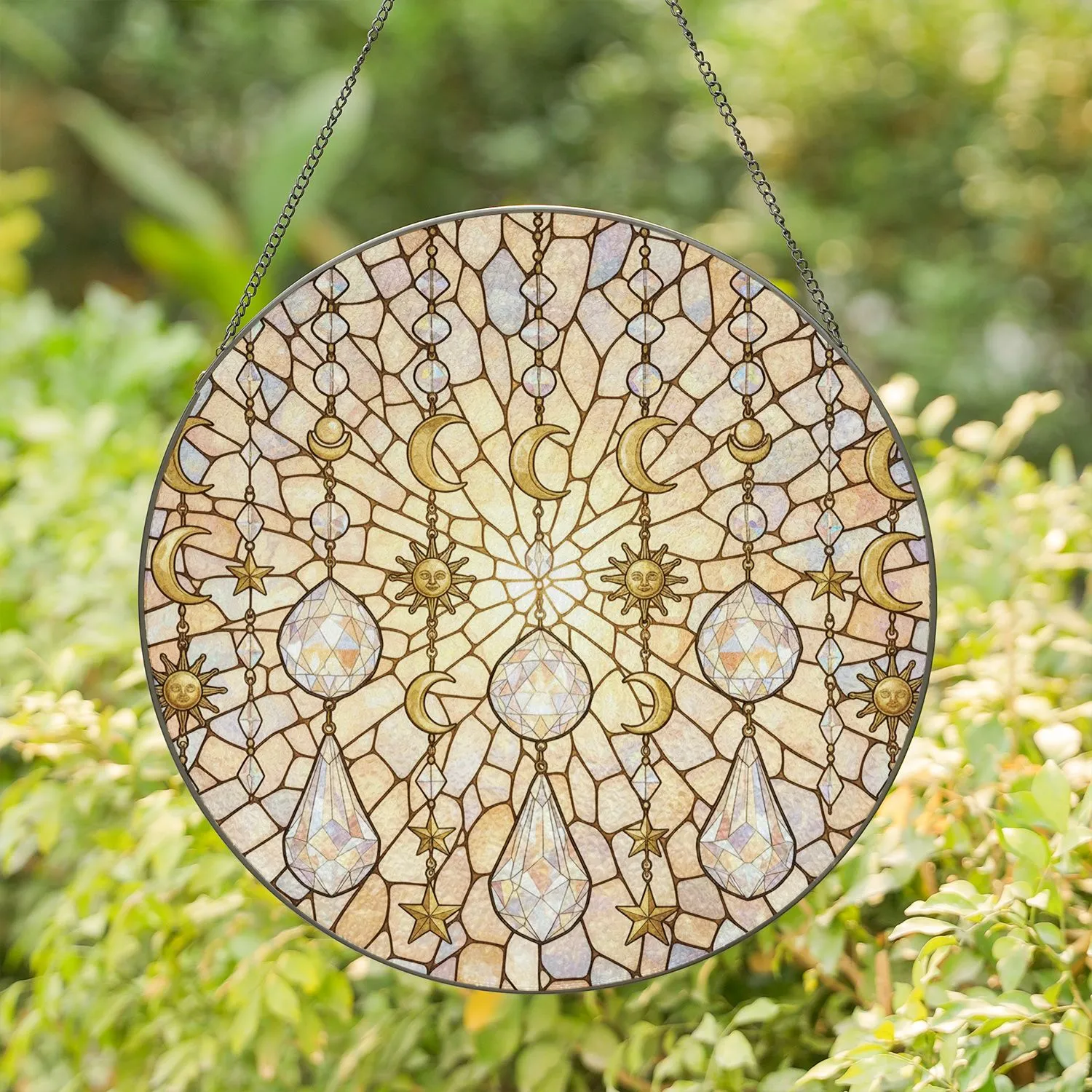 Radiant Suns Moons Stars Gold Filigree Crystal Cascade Home Decor Gift for Crystal Lover Stained Glass Suncatcher - 1