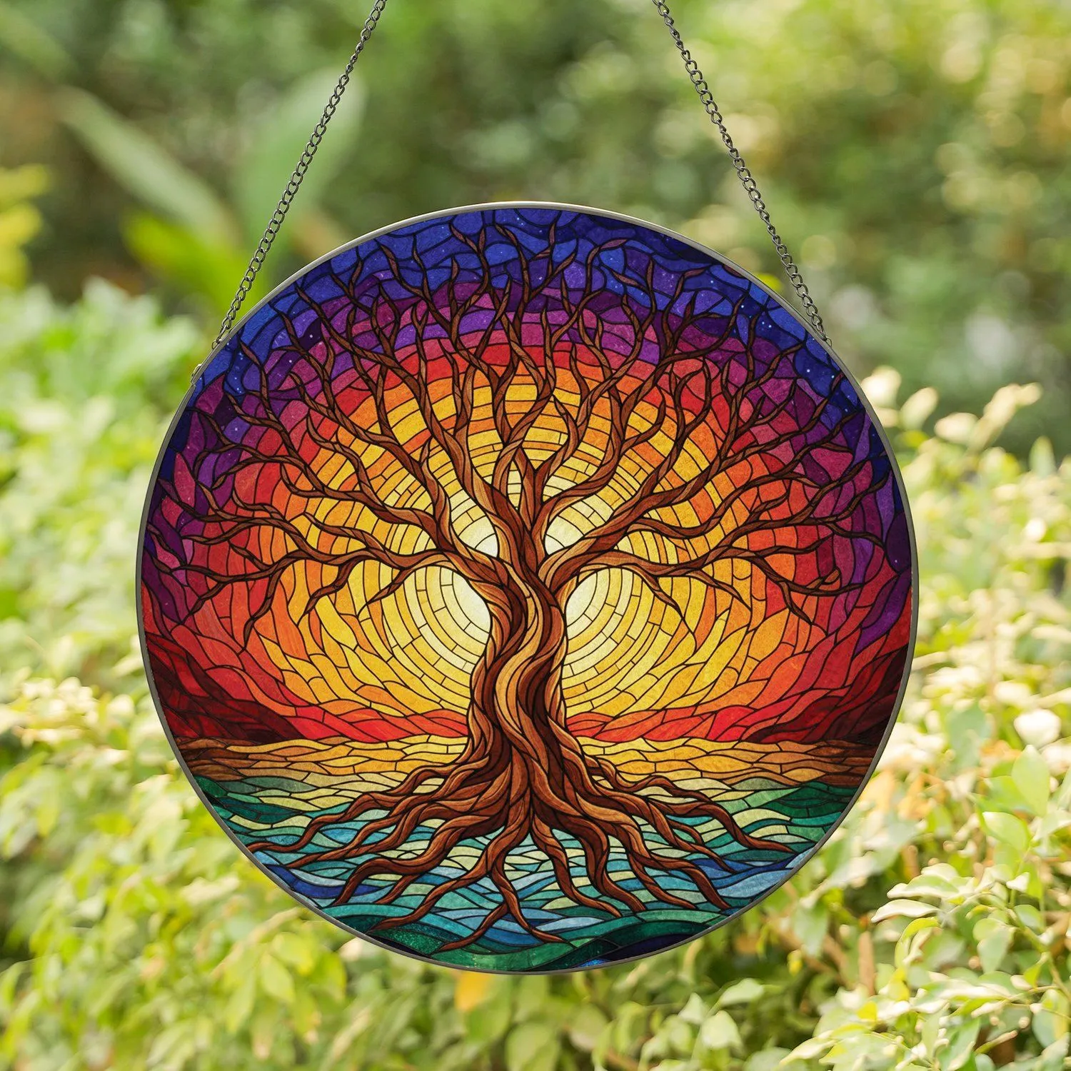 Gnarled Tree of Life Radiant Sun Waves Stained Glass Sunset Sky - Home Decor Gift Stained Glass Suncatcher - 1