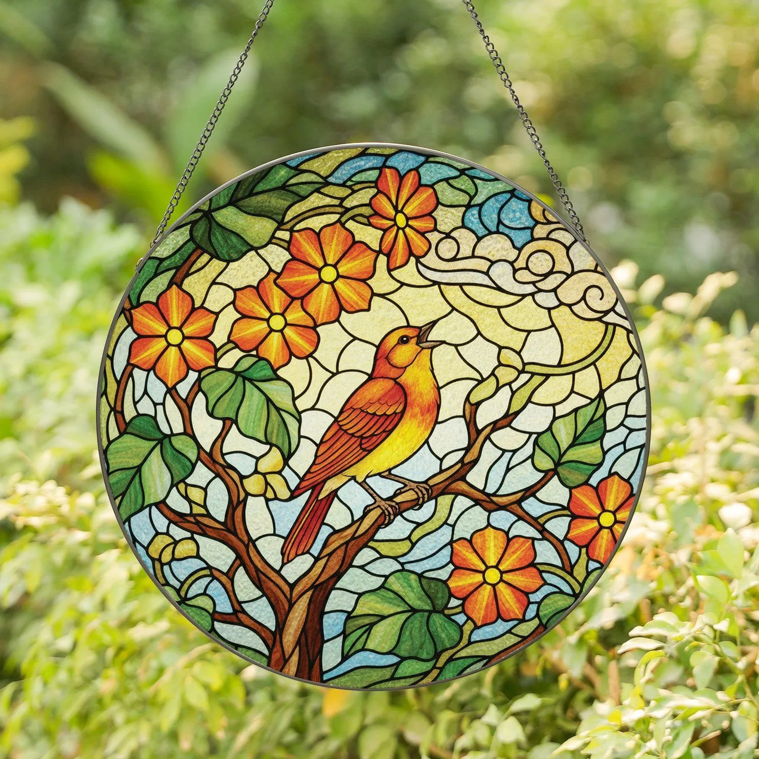 Songbird Branch Orange Flowers Green Leaves Organic Patterns - Wildlife Lover Gift Stained Glass Suncatcher - 1