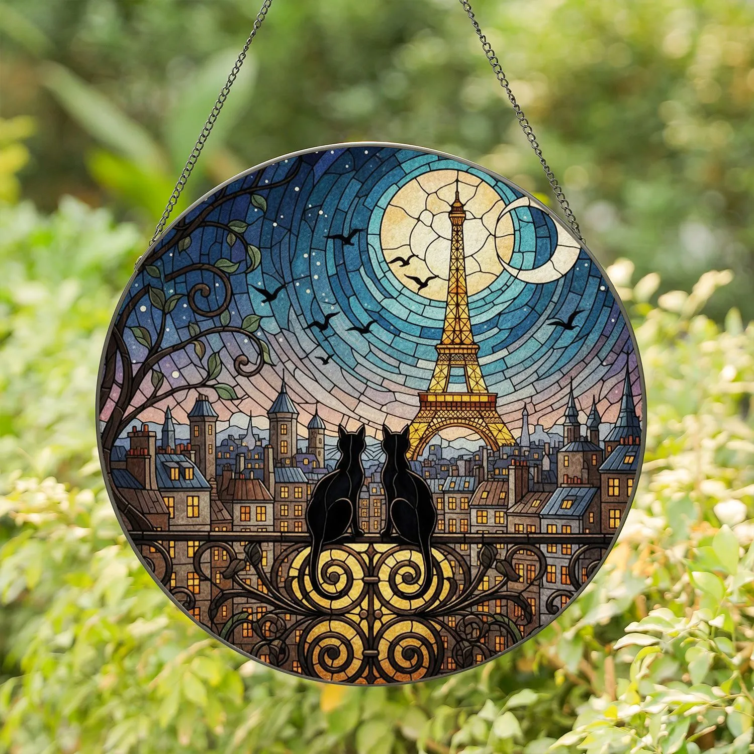 Black Cats Eiffel Tower Parisian Cityscape Twilight Home Decor Gift for Cat Lover Stained Glass Suncatcher - 1