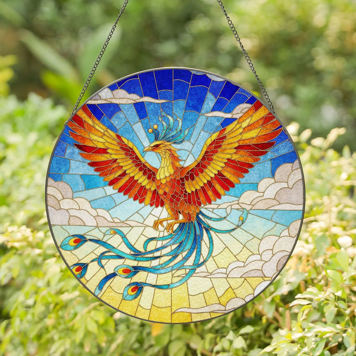 Majestic Phoenix Golden-Orange Fiery Red Blue Teal Flight Sky Clouds - Home Decor Gift Stained Glass Suncatcher - 1