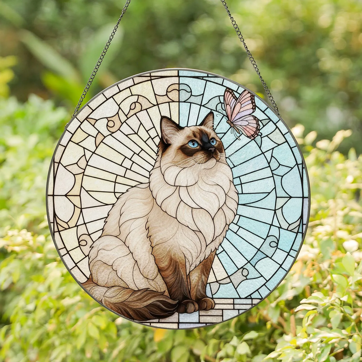 Birman Cat Butterfly Geometric Mosaic Stained Glass - Home Decor Gift for Cat Lover Stained Glass Suncatcher - 1