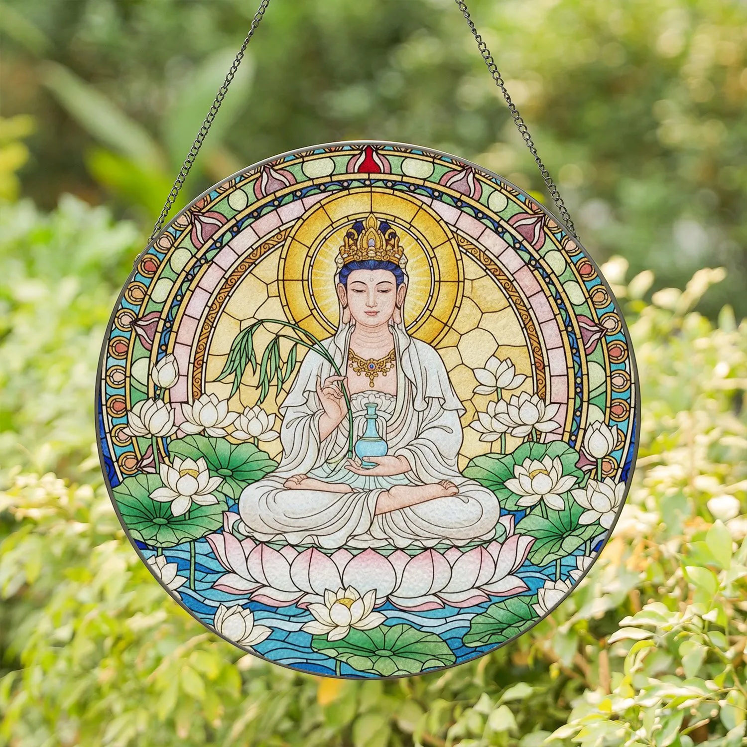 Guanyin Compassion Bodhisattva White Lotus Flowers Golden Halo Home Decor Gift Stained Glass Suncatcher - 1