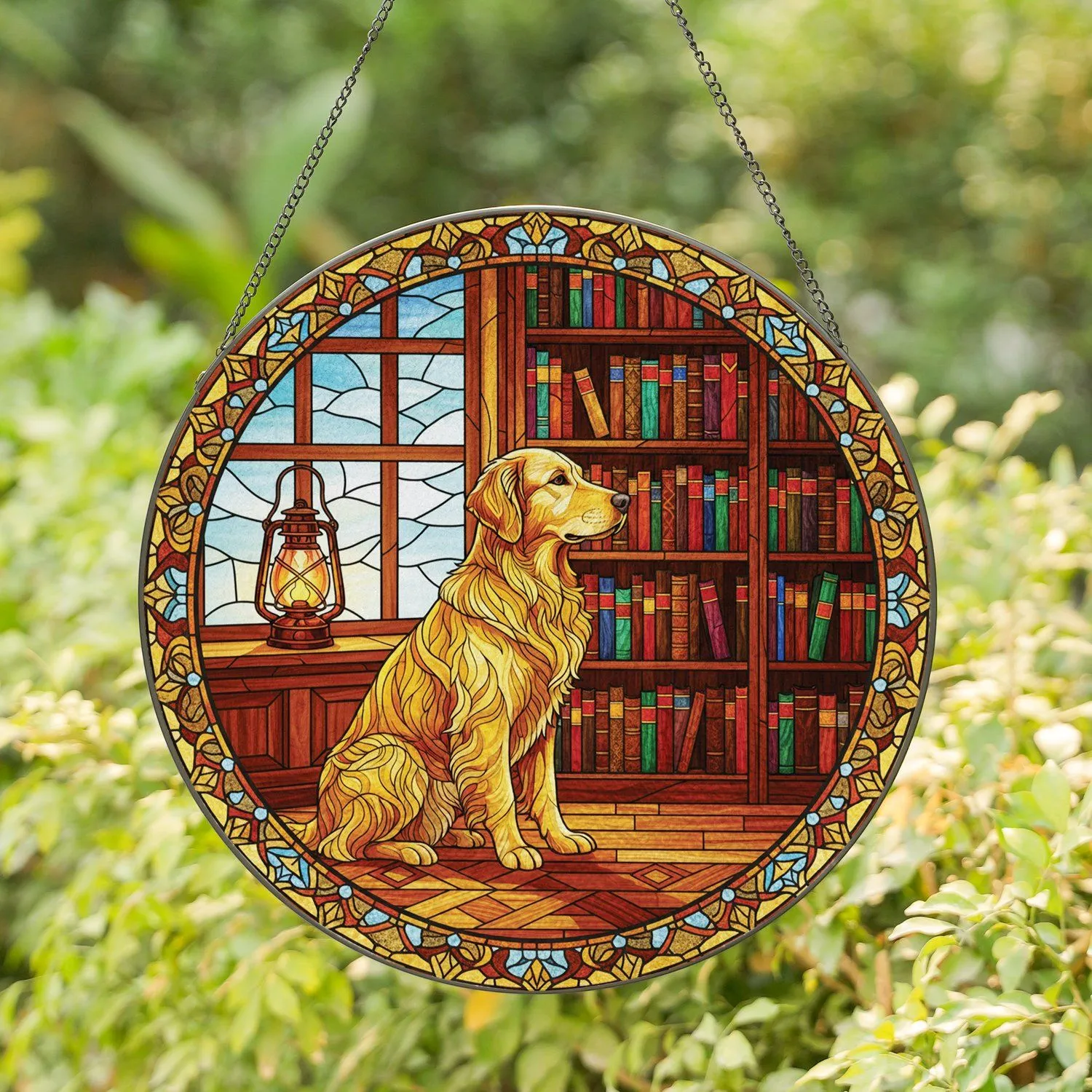 Golden Retriever Tiffany Glass Dog with Lantern Bookshelf - Home Decor Gift for Dog Lover Stained Glass Suncatcher - 1