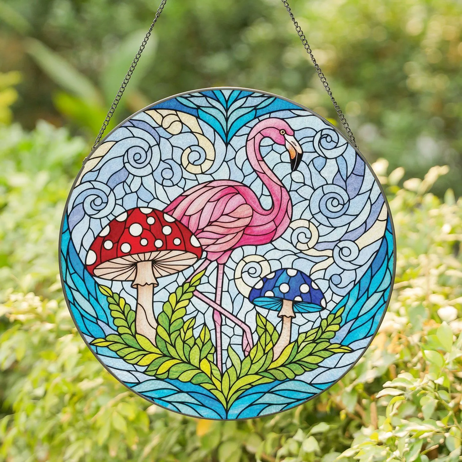 Graceful Pink Flamingo Mushroom Foliage Water Ripples Sky Elements Home Decor Gift Stained Glass Suncatcher - 1