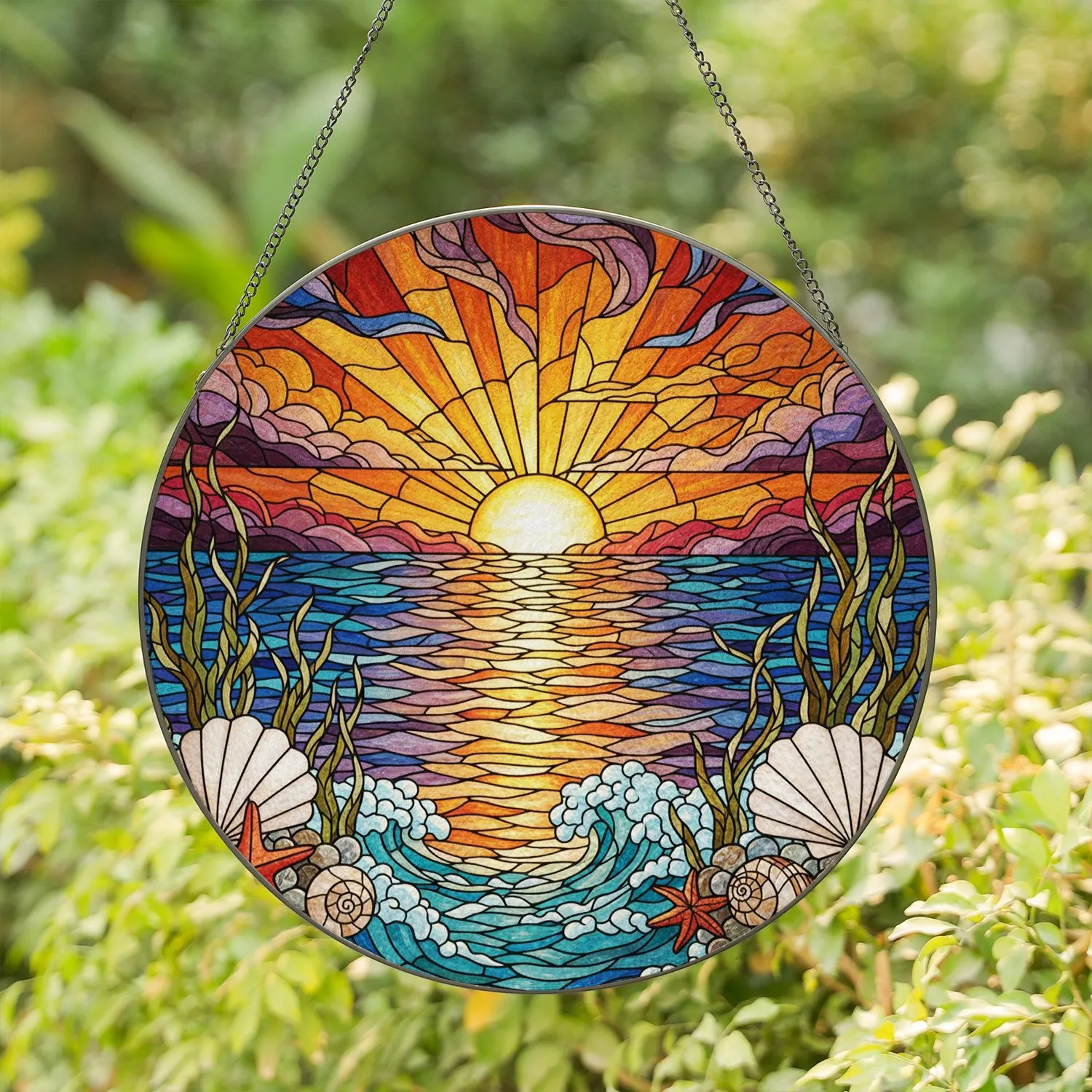 Ocean Sunset Sunrise Starfish Seashells Kelp Home Decor Gift Stained Glass Suncatcher - 1