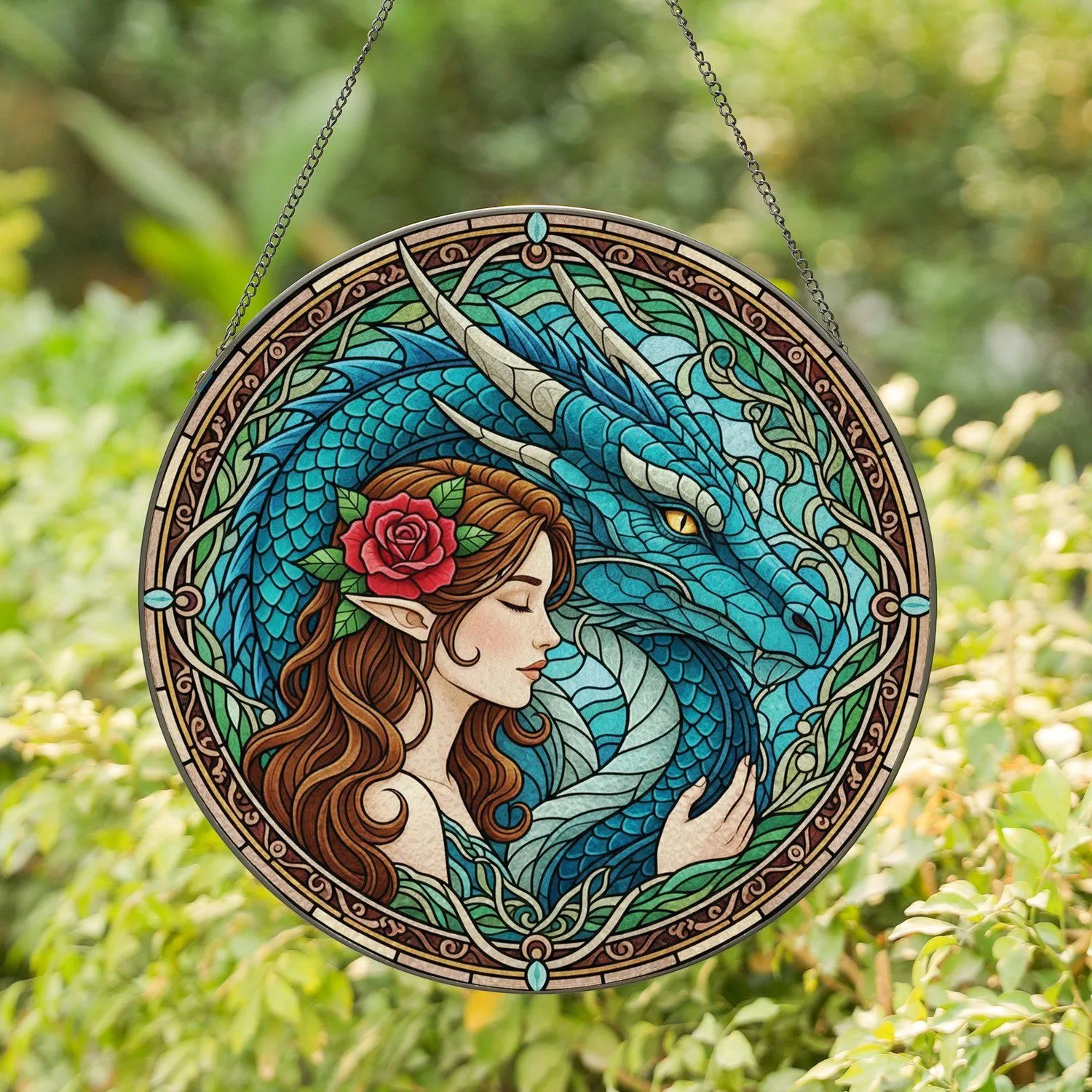 Dragon Elf Woman Tender Embrace Rose Hair - Fantasy Home Decor Gift Stained Glass Suncatcher - 1