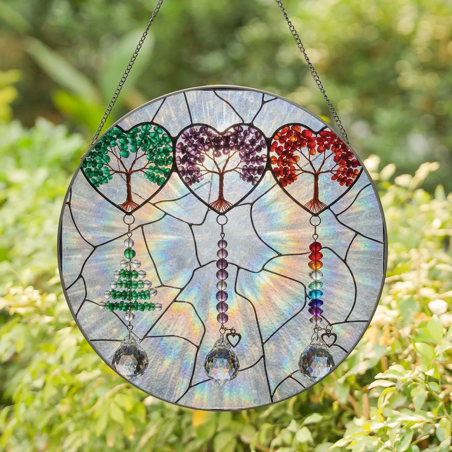 Tree of Life Hearts Gemstone Crystal Silver Charms Chakra Christmas - Home Decor Gift Stained Glass Suncatcher - 1