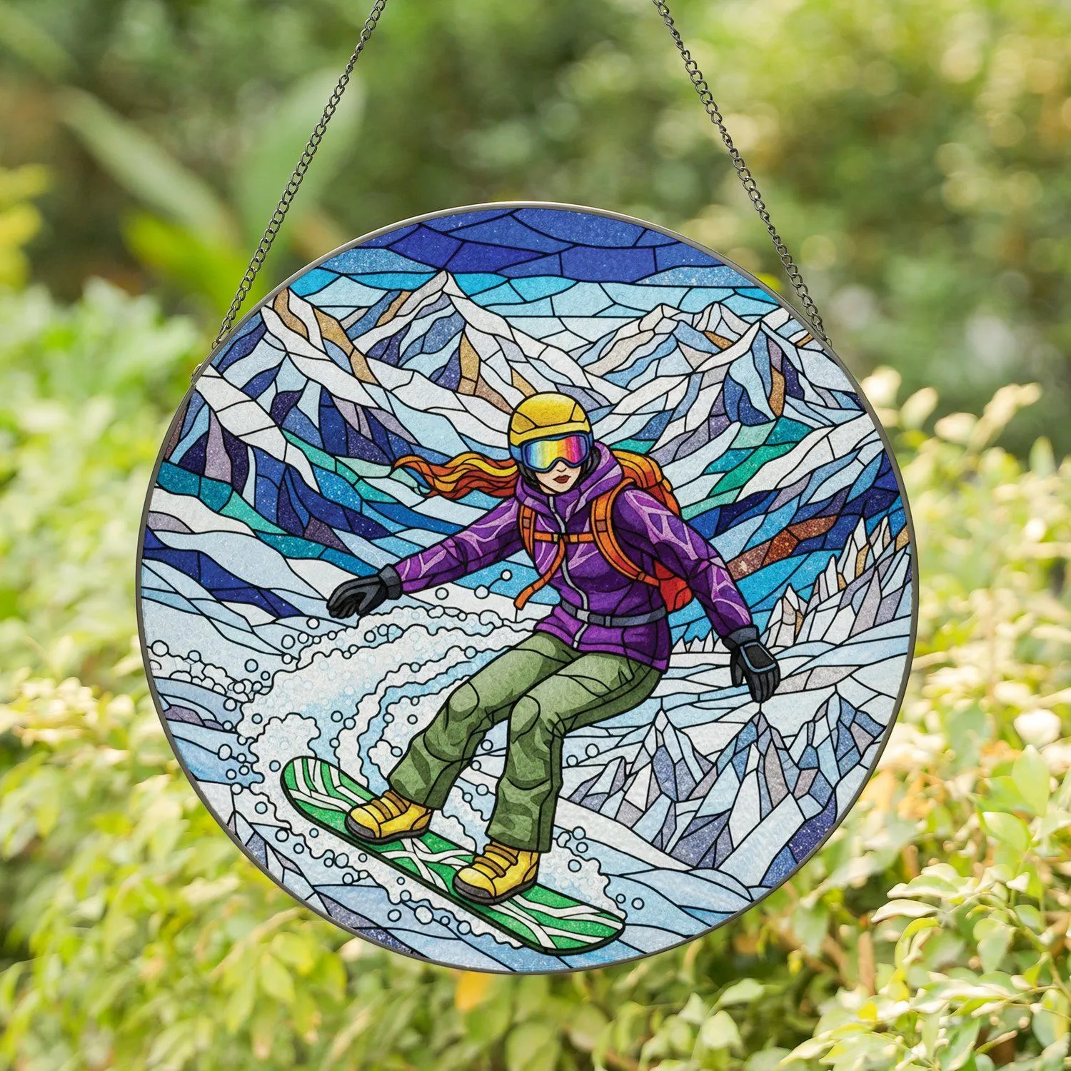 Snowboarder Jewel Tone Winter Mountain Scene - Snow Sports Home Decor Gift for Snowboarder Stained Glass Suncatcher - 1