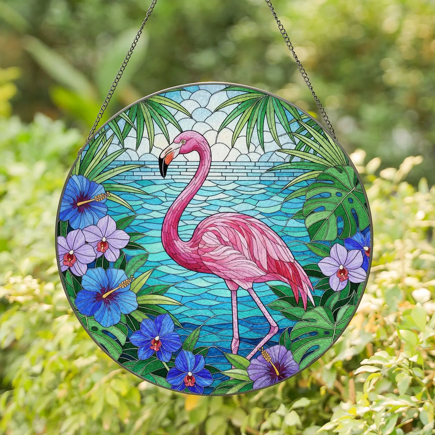 Pink Flamingo Tropical Hibiscus Blue Water - Home Decor Gift for Flamingo Lover Stained Glass Suncatcher - 1