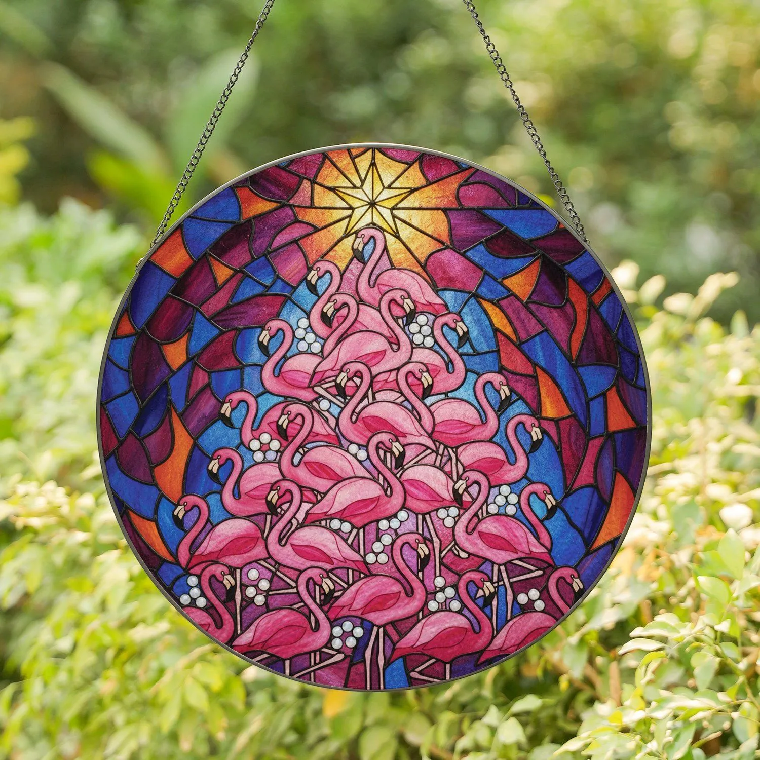 Pink Flamingo Christmas Tree Glowing Star Pearl Ornaments - Christmas Season Gift Stained Glass Suncatcher - 1