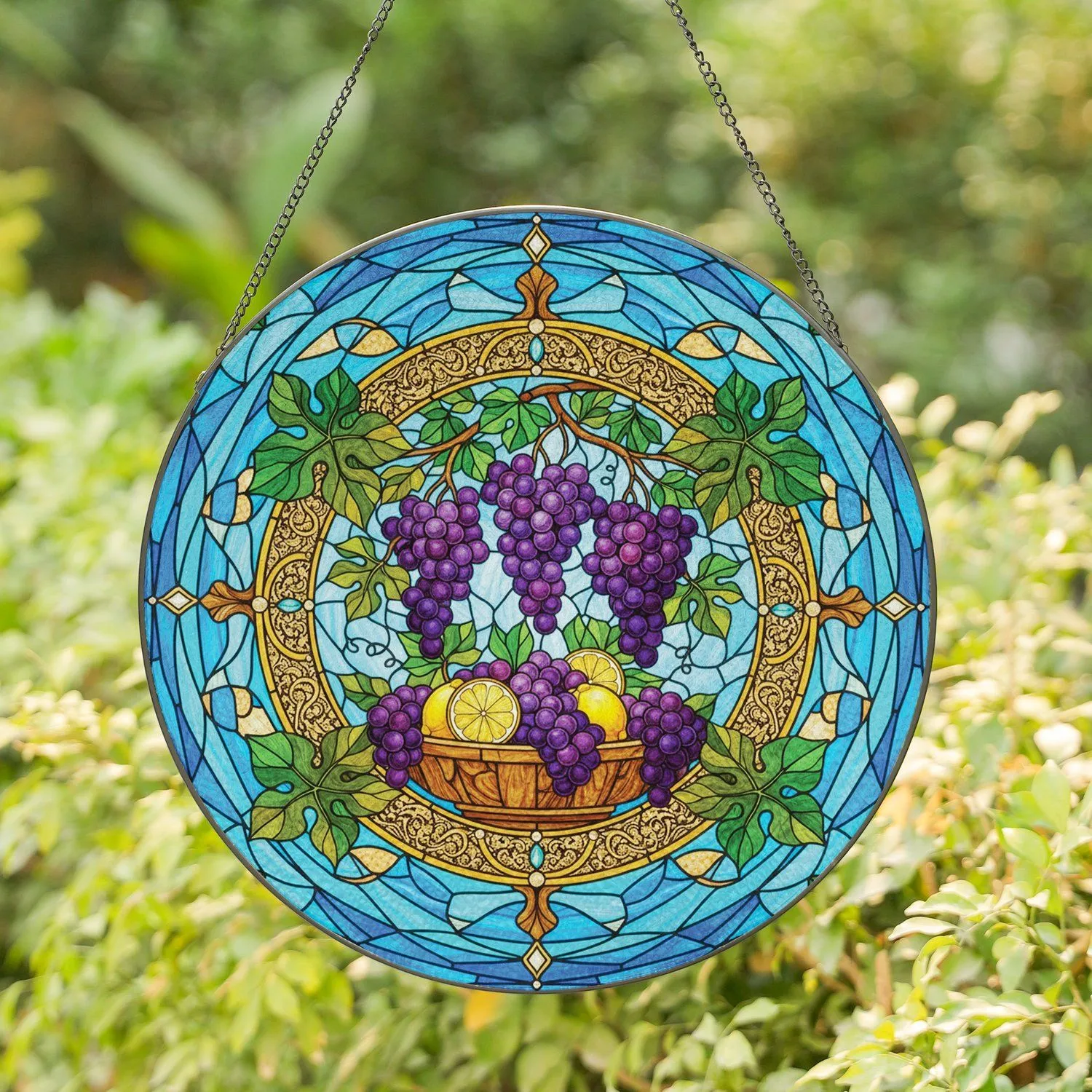 Lush Purple Grapes Green Vines Golden Frame Citrus Slices Mosaic Sky - Home Decor Gift Stained Glass Suncatcher - 1