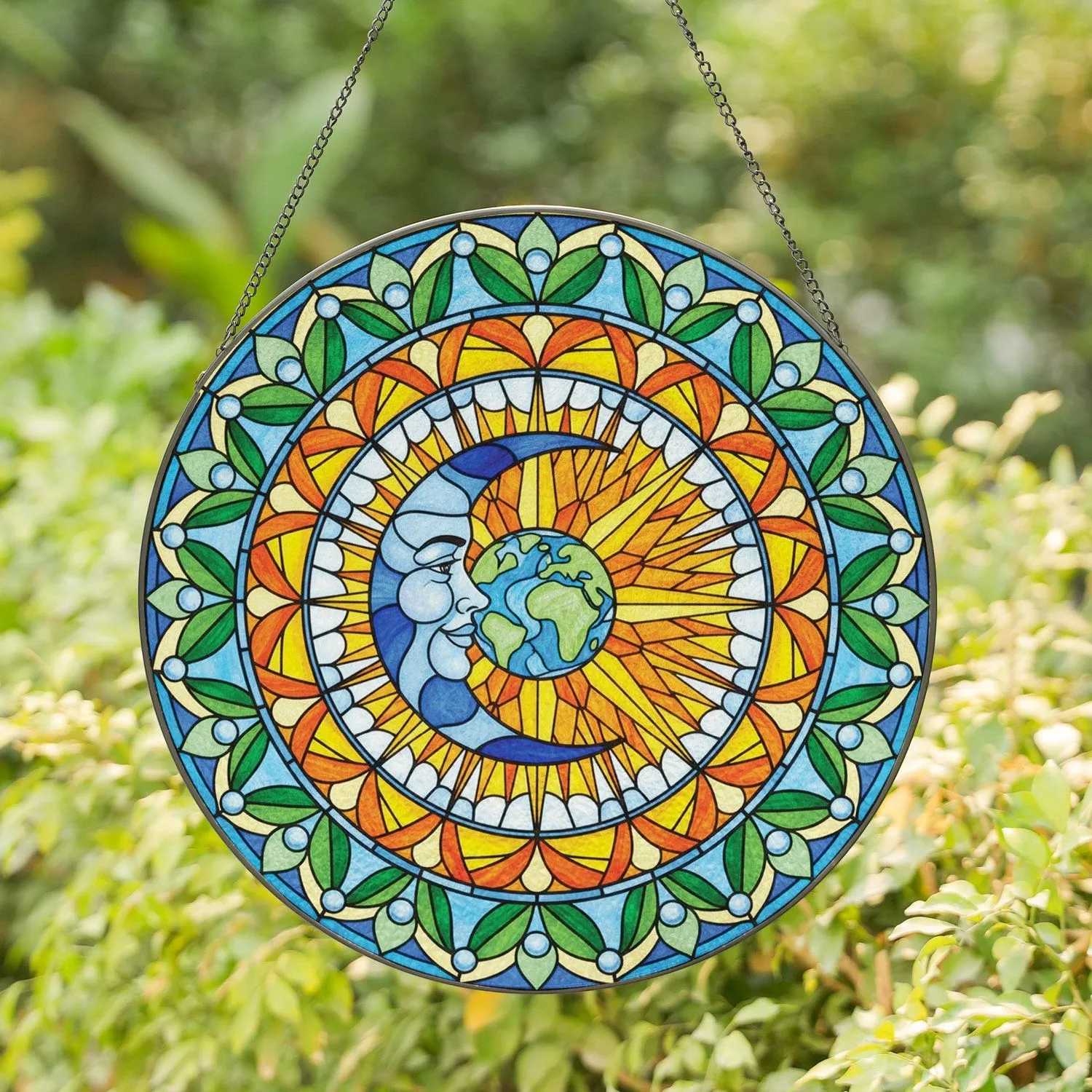 Human Face Crescent Moon Sun Earth Orb Pointed Rays Leaf Petal Ring Mosaic - Home Decor Gift Stained Glass Suncatcher - 1