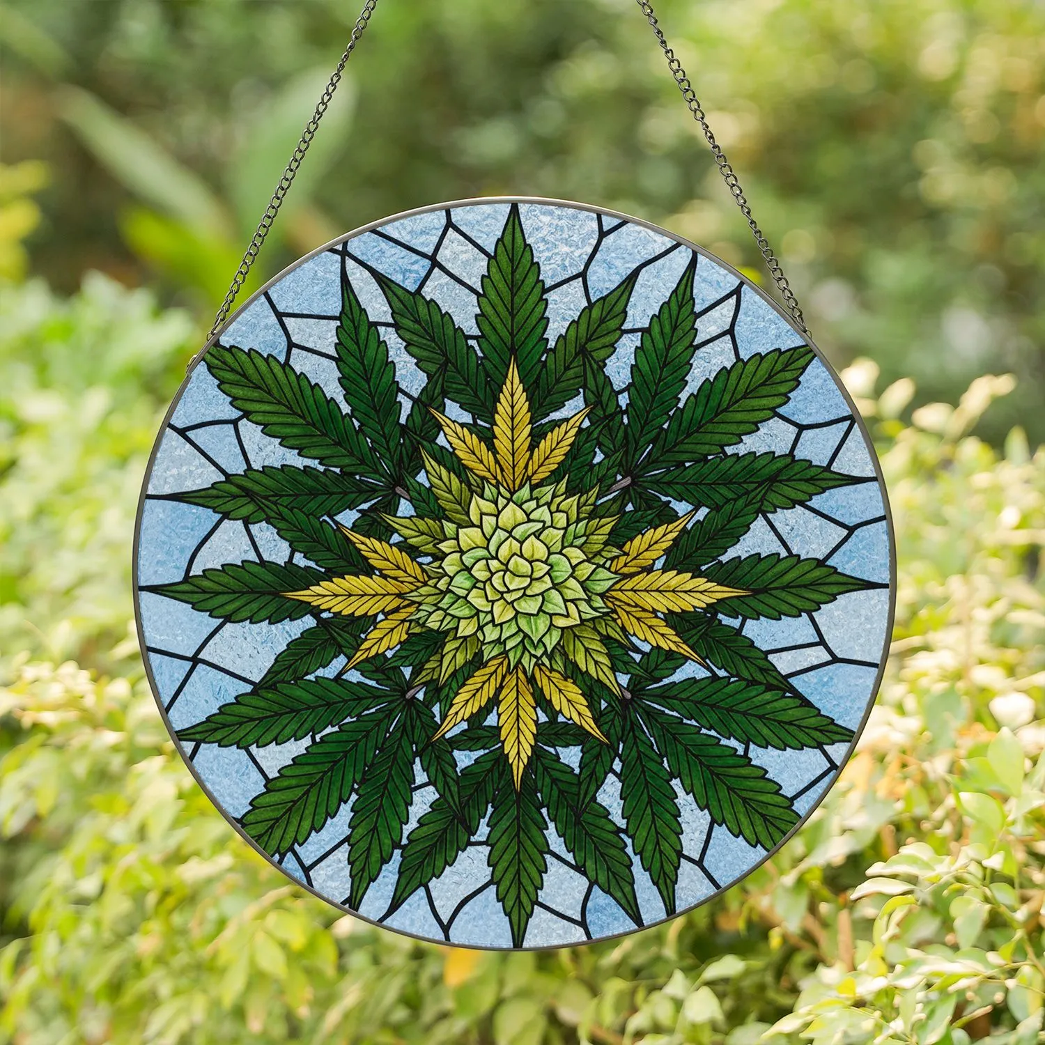 Cannabis Plant Golden Yellow Bud Deep Green Leaves Mosaic - Home Decor Gift for Plant Lover Stained Glass Suncatcher - 1