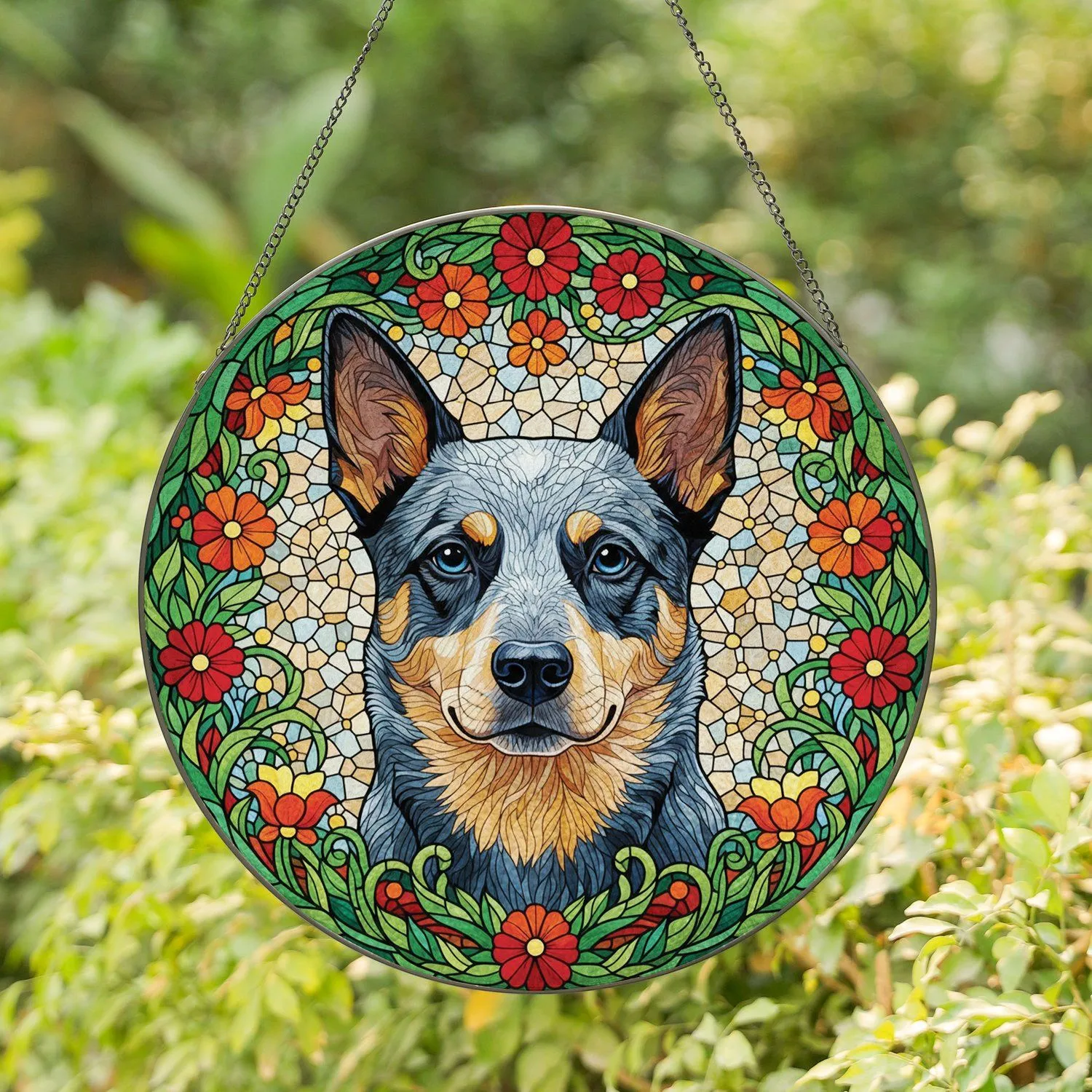 Australian Cattle Dog Red Yellow Flowers Green Foliage - Home Decor Gift for Dog Lover Stained Glass Suncatcher - 1