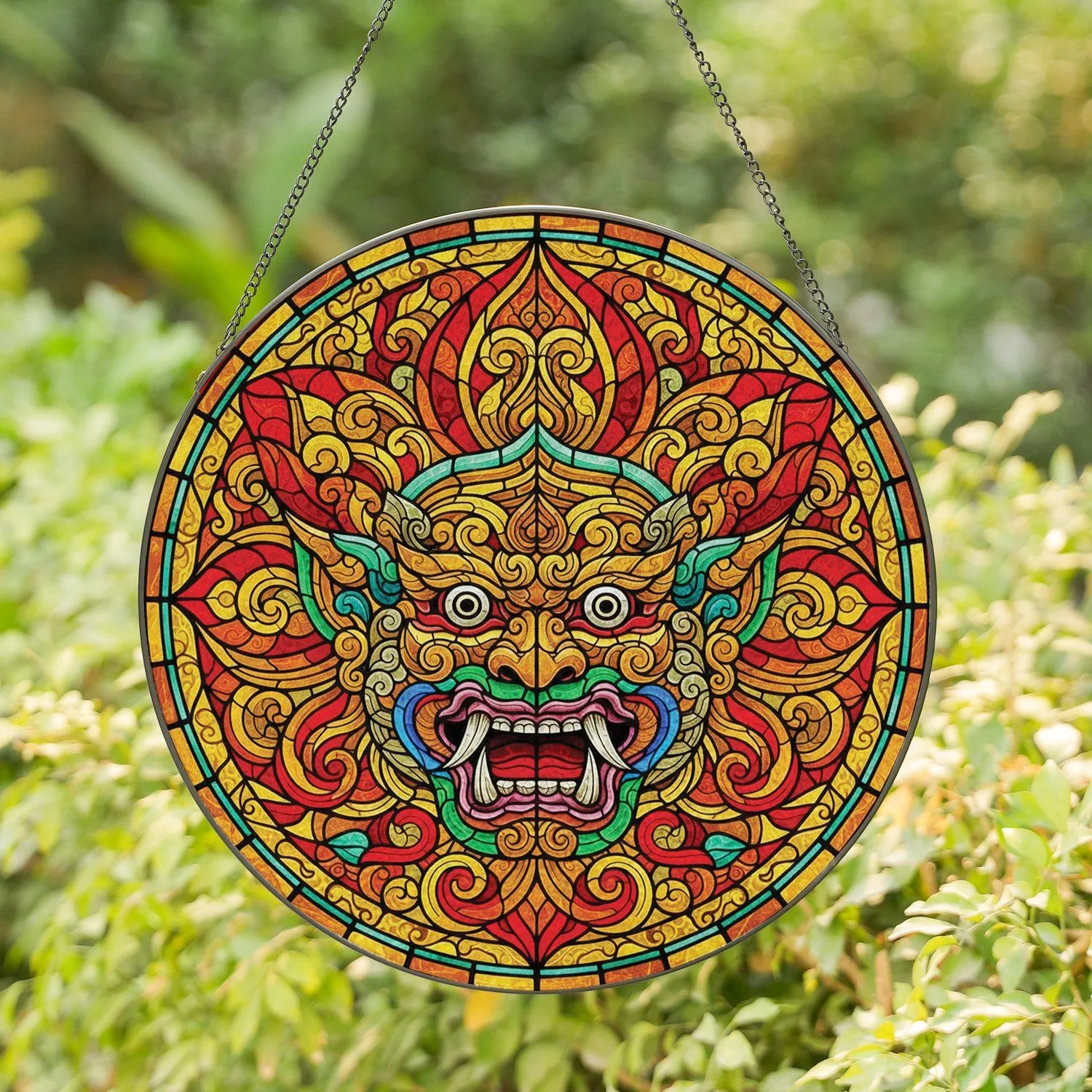 Fanged Slit-Eyed Mythological Mask Flame Lotus Petals Circular Frame - Home Decor Gift Stained Glass Suncatcher - 1