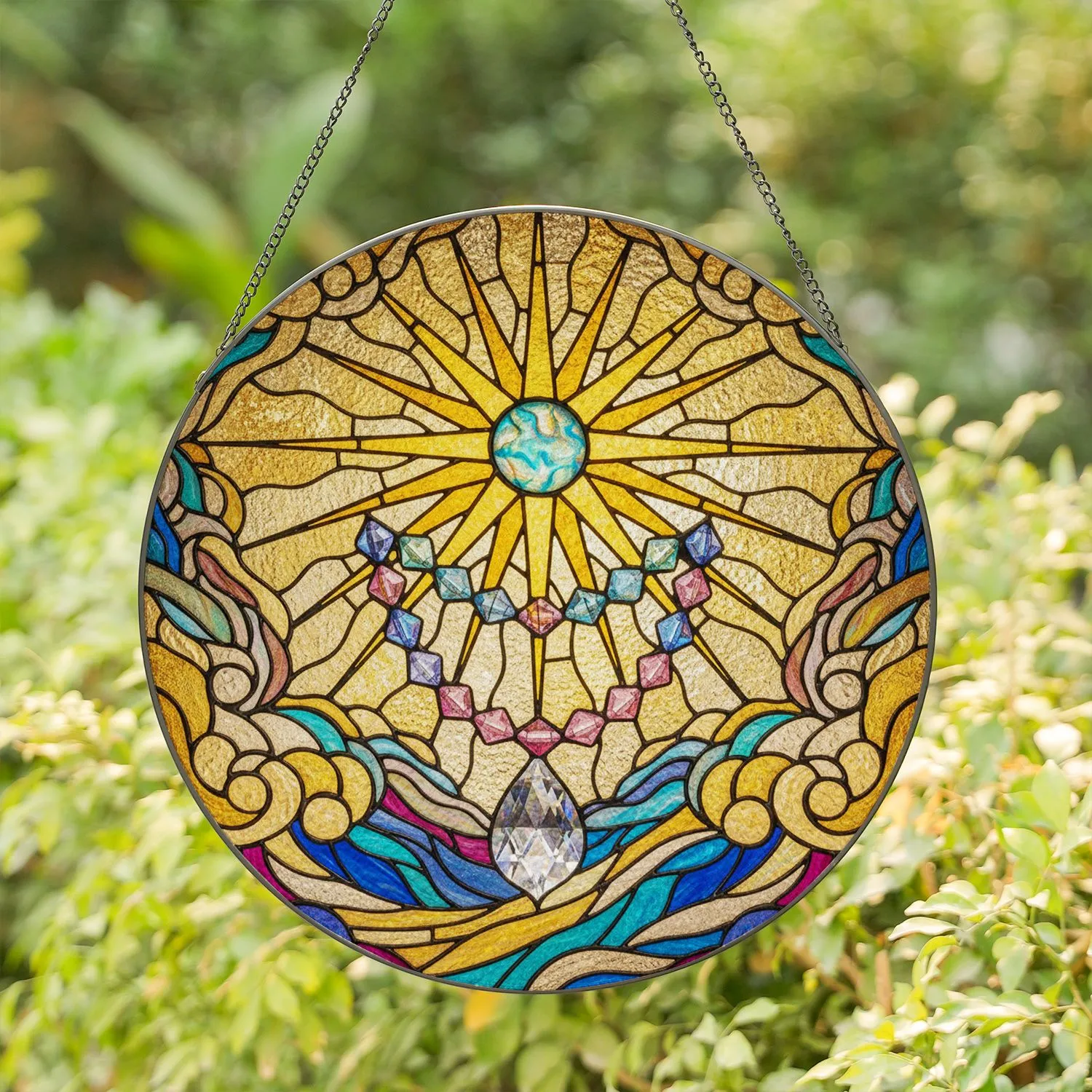 Golden Sunburst Iridescent Glass Jewels Celestial Clouds Light Patterns Home Decor Gift Stained Glass Suncatcher - 1