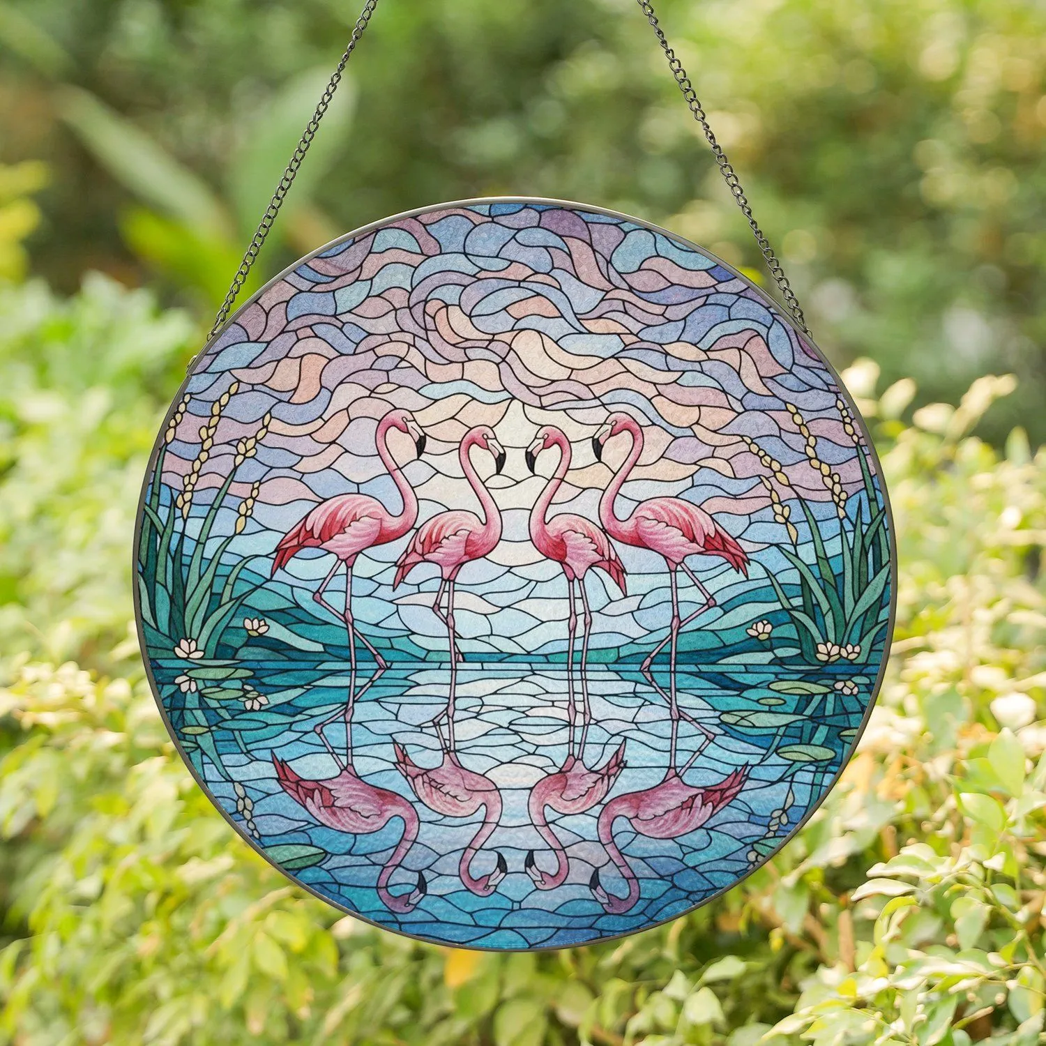 Pink Flamingos Water Reflections Swirling Sky - Home Decor Gift for Bird Watchers Stained Glass Suncatcher - 1