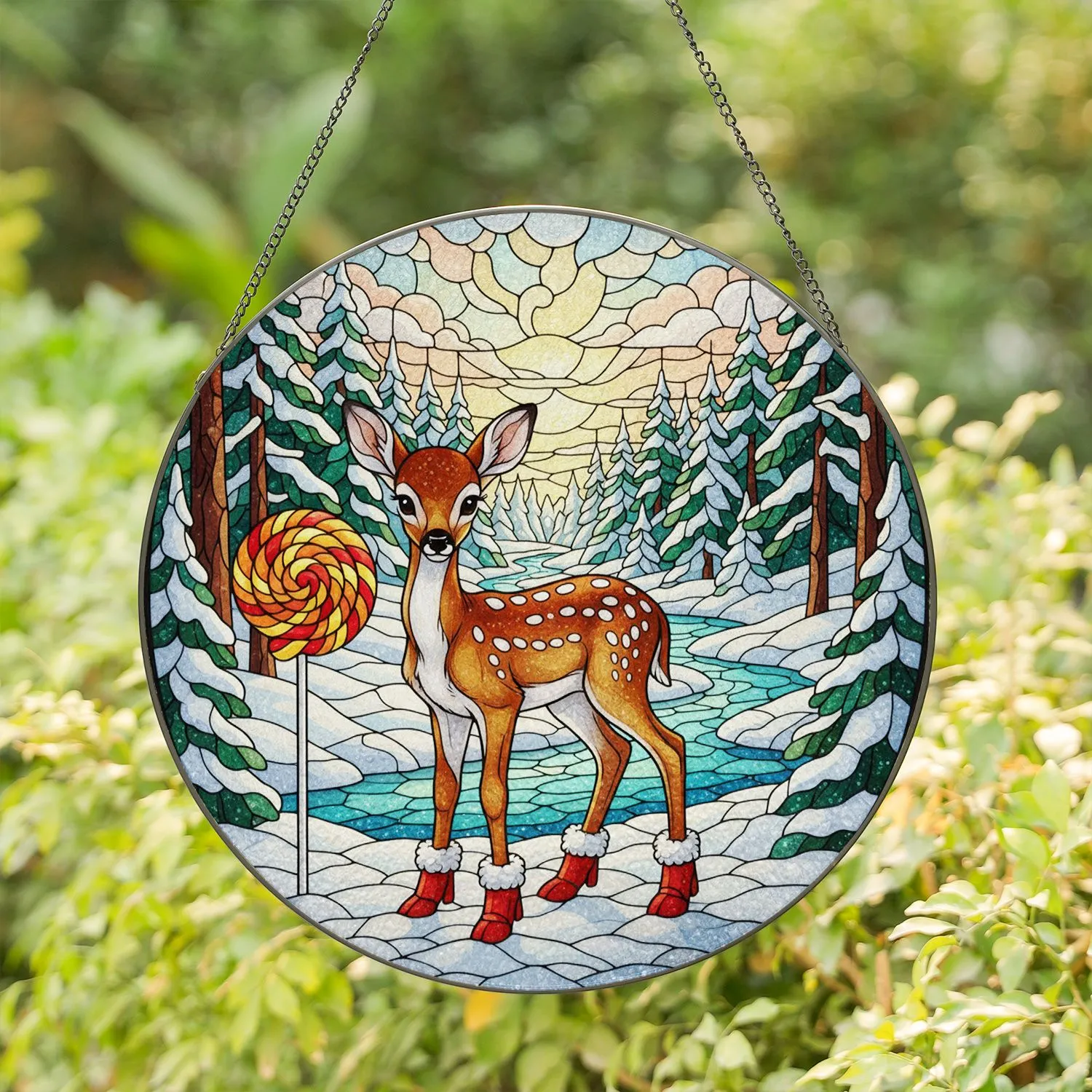 Stained Glass Fawn Red Boots Lollipop Winter Forest - Winter Home Decor Gift Stained Glass Suncatcher - 1