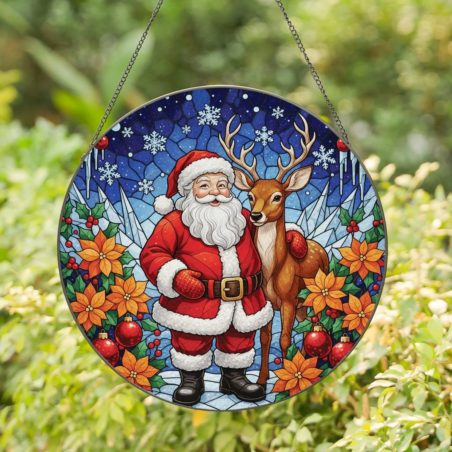 Santa Claus Deer Poinsettia Holly - Christmas Holiday Decor Gift Stained Glass Suncatcher - 1