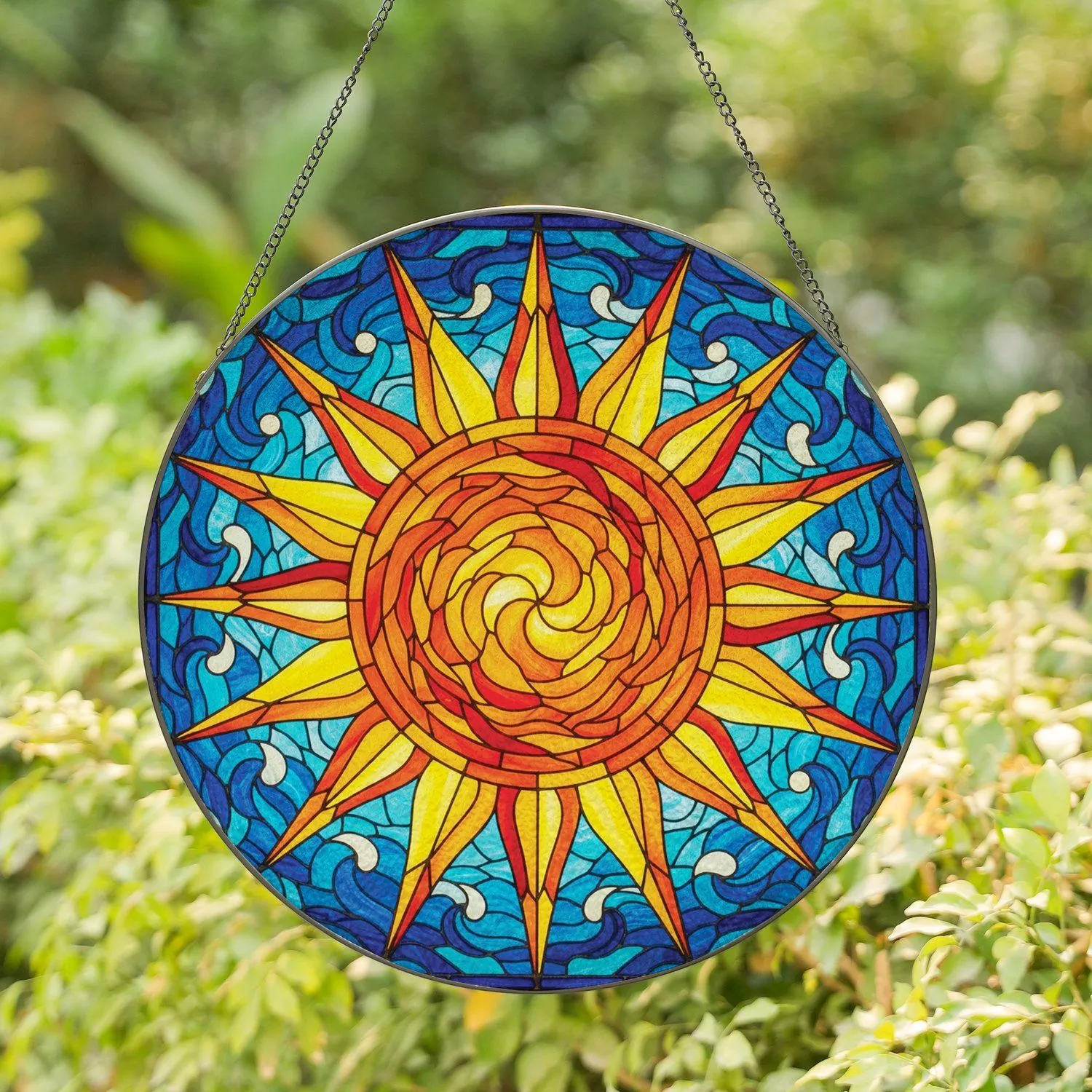 Jewel Tones Swirling Sun Disc Layered Pointed Rays Wave Air Current Mosaic - Home Decor Gift Stained Glass Suncatcher - 1