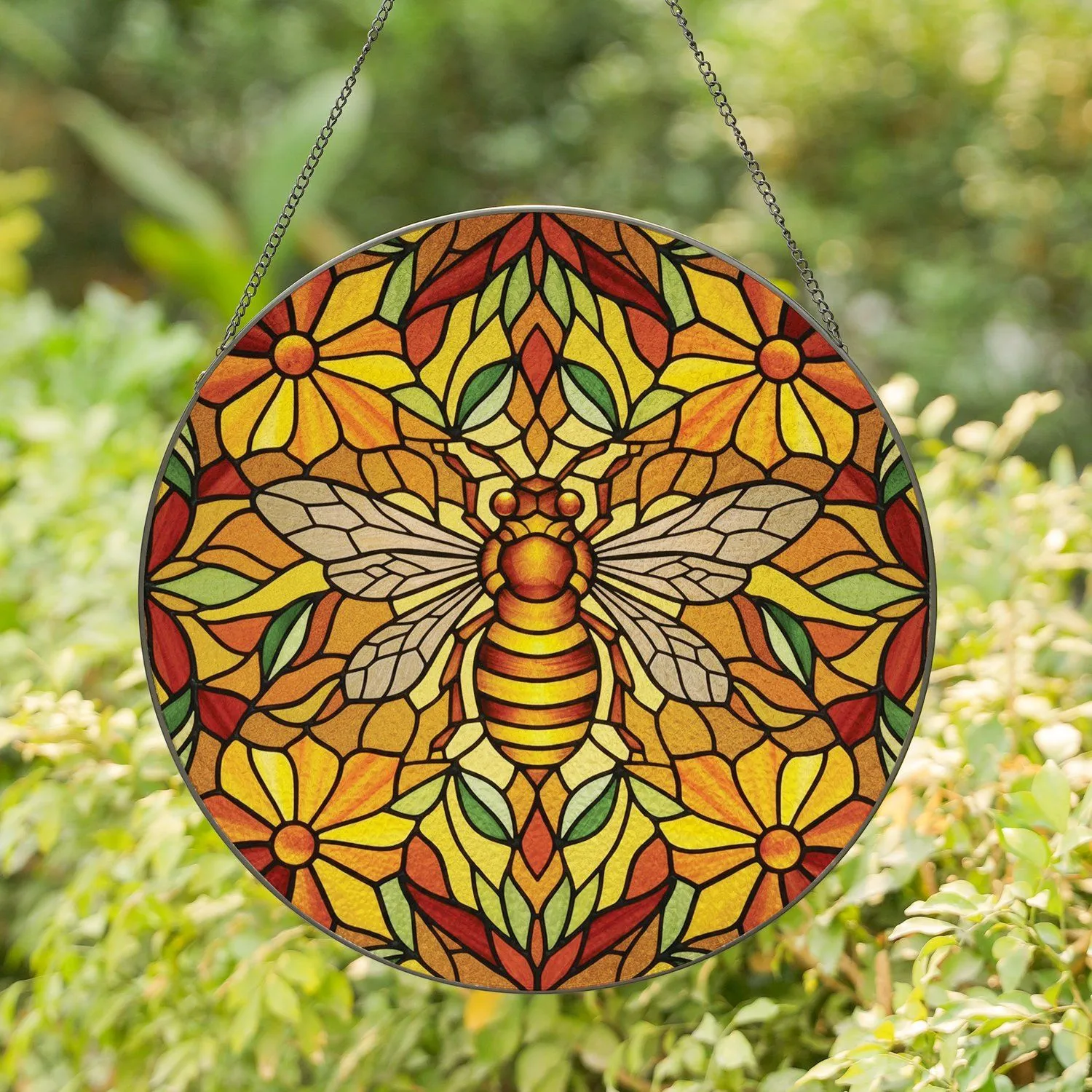 Majestic Tiffany Stained Glass Honey Bee Flowers Leaves - Home Decor Gift for Bee Lover Stained Glass Suncatcher - 1