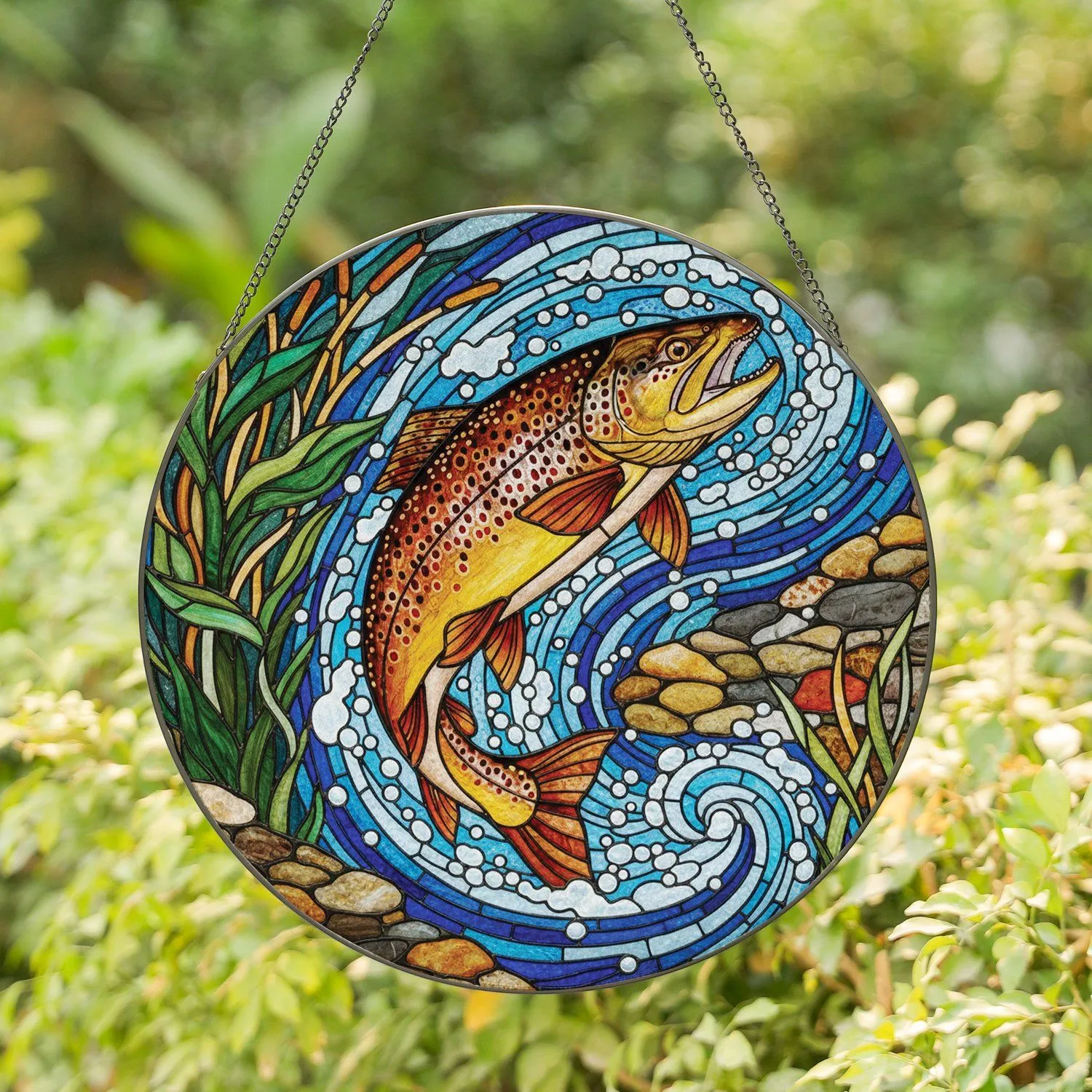 Leaping Brown Trout Water Ripple Underwater Mosaic - Wildlife Lover Home Decor Gift Stained Glass Suncatcher - 1