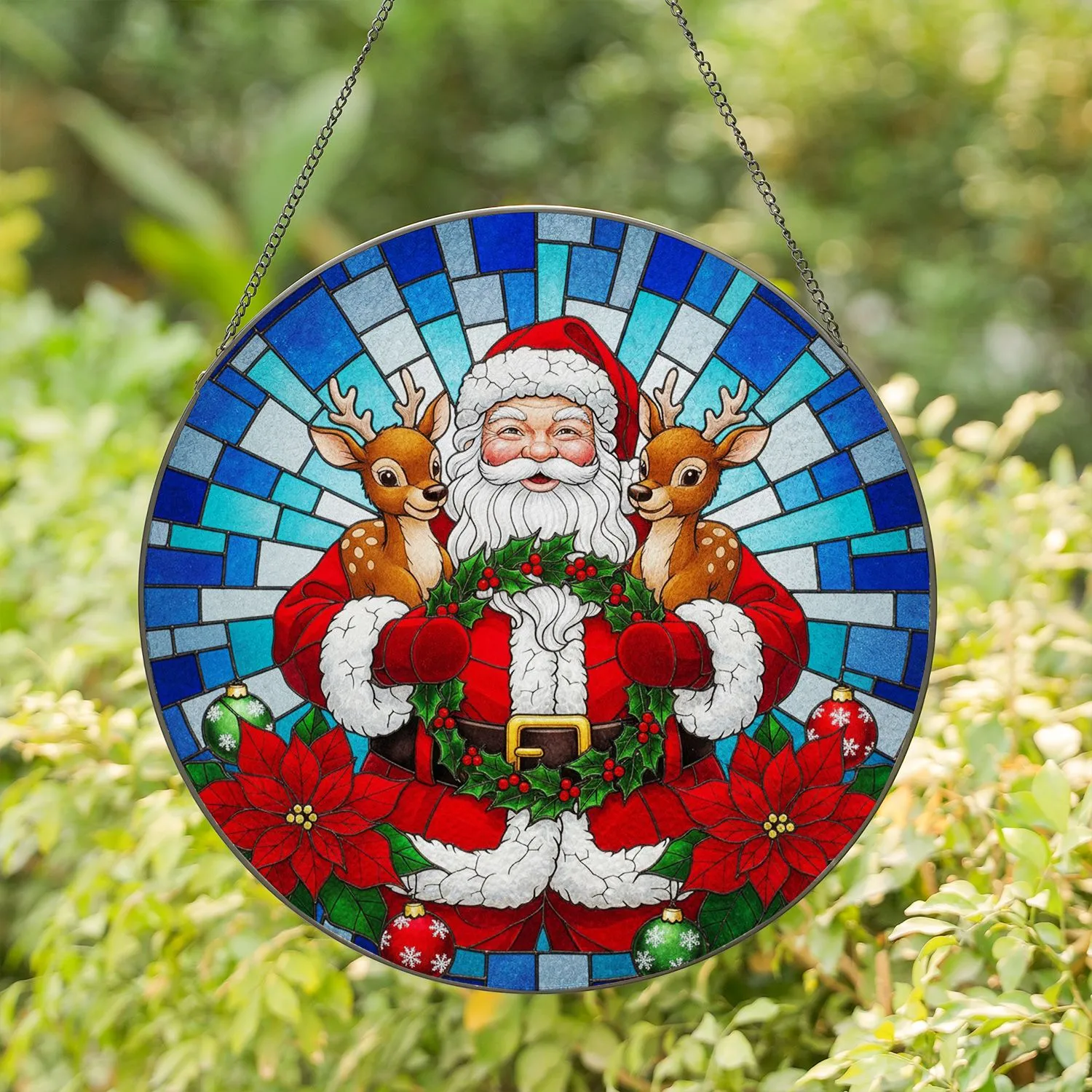 Santa Claus Reindeer Holly Wreath Poinsettia Snowflake - Christmas Home Decor Gift Stained Glass Suncatcher - 1