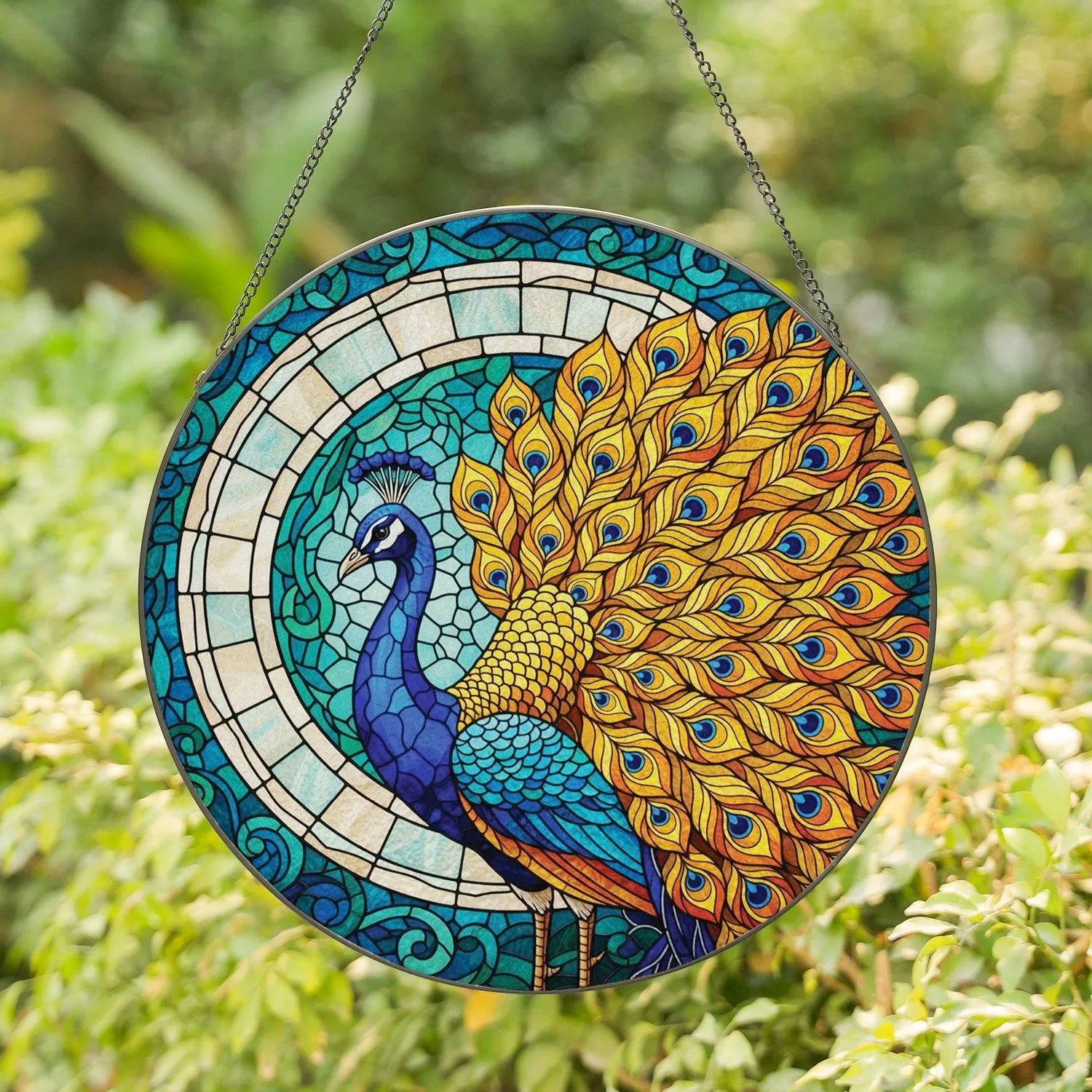 Tiffany Stained Glass Peacock Fanned Tail - Home Decor Gift for Peacock Lover Stained Glass Suncatcher - 1
