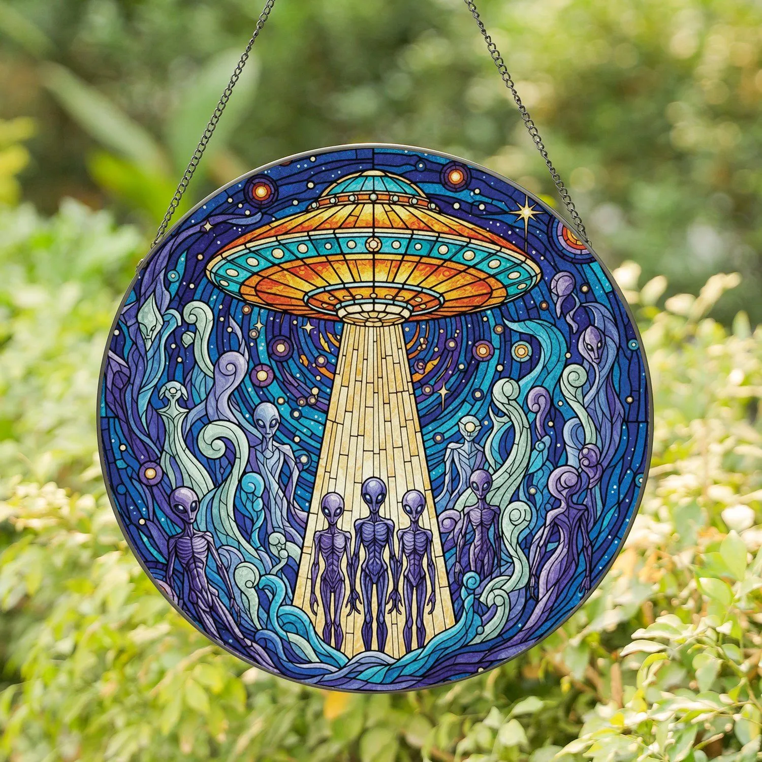 Ornate Flying Saucer Alien Figures Cosmic Nebula - Home Decor Gift for UFO Lover Stained Glass Suncatcher - 1