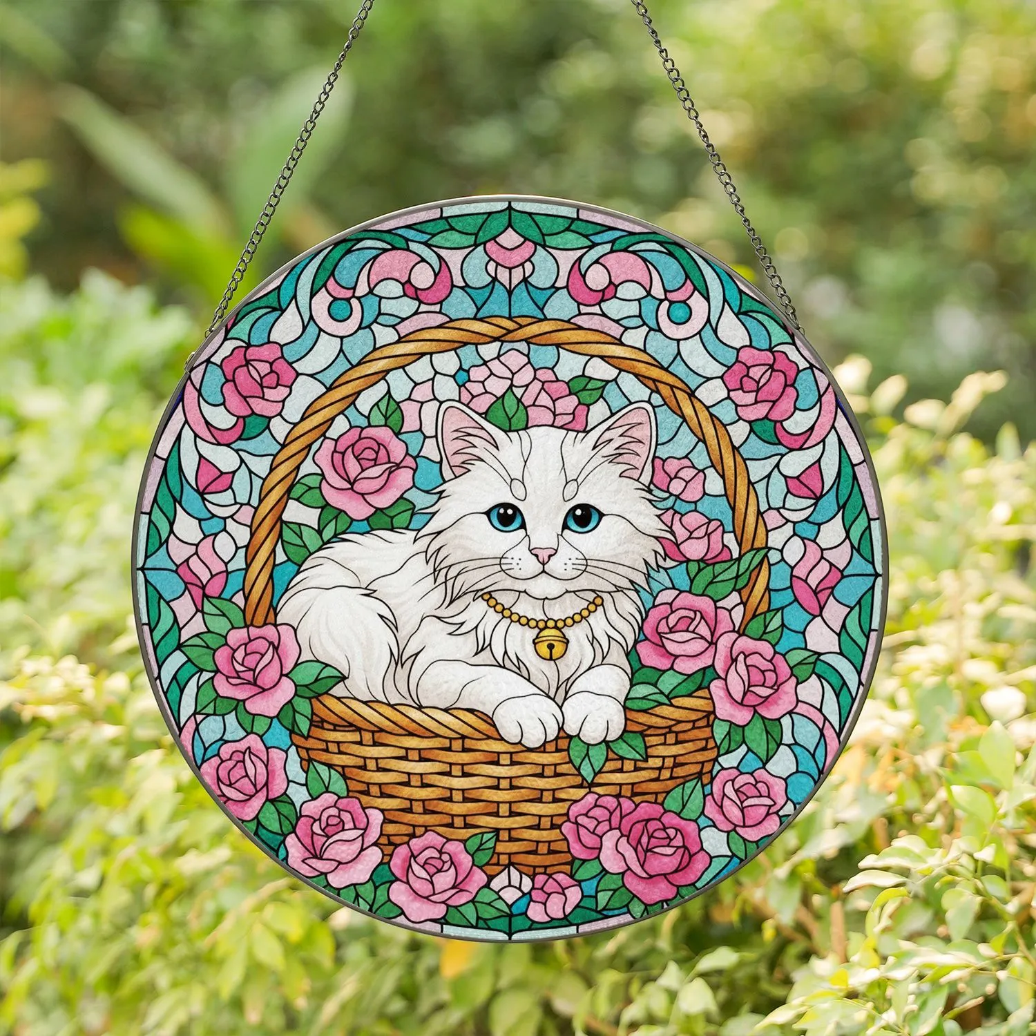 White Kitten Wicker Basket Pink Roses Floral Leaf - Home Decor Gift for Cat Lover Stained Glass Suncatcher - 1