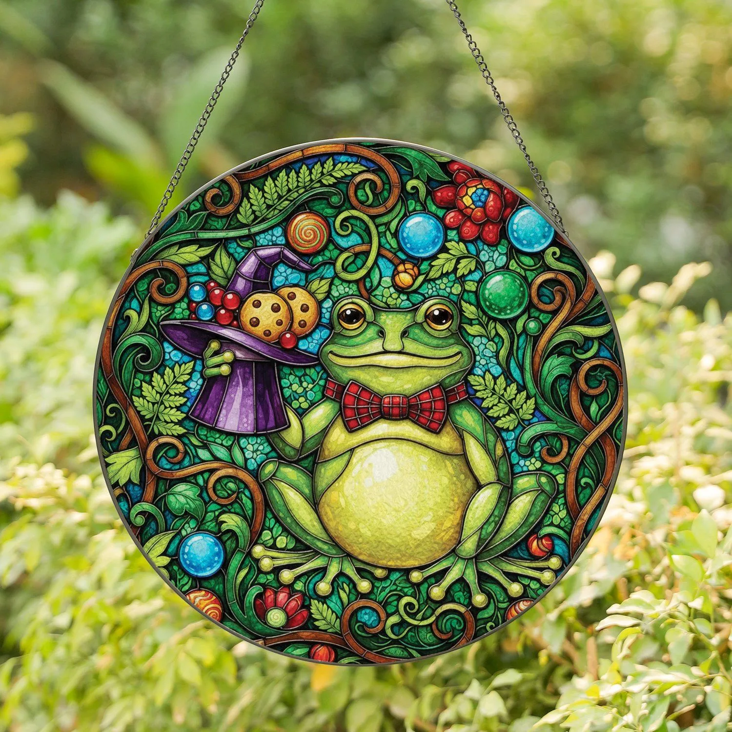 Frog Red Bow Tie Witch Hat Berries Cookies Green Foliage - Home Decor Gift for Frog Lover Stained Glass Suncatcher - 1